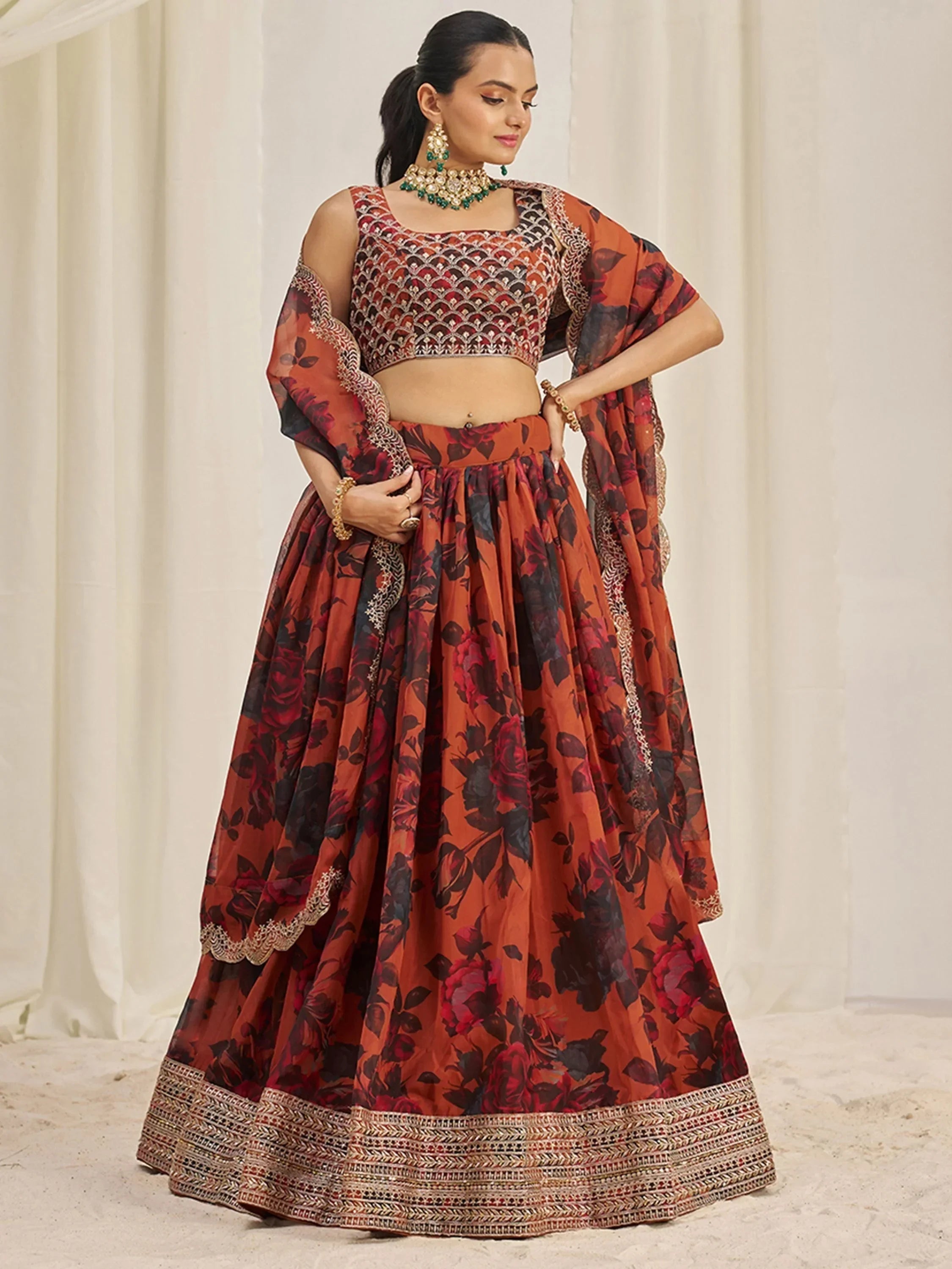 Stunning Orange Sequins Organza Party Wear Lehenga Choli With Dupatta