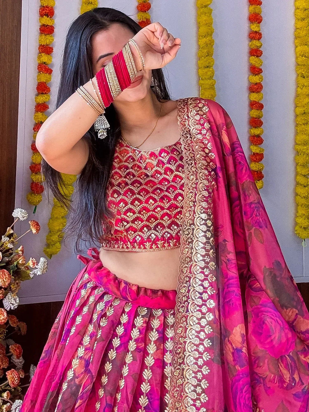 Pink Gorgeous Floral Printed Organza Sangeet Wear Lehenga Choli