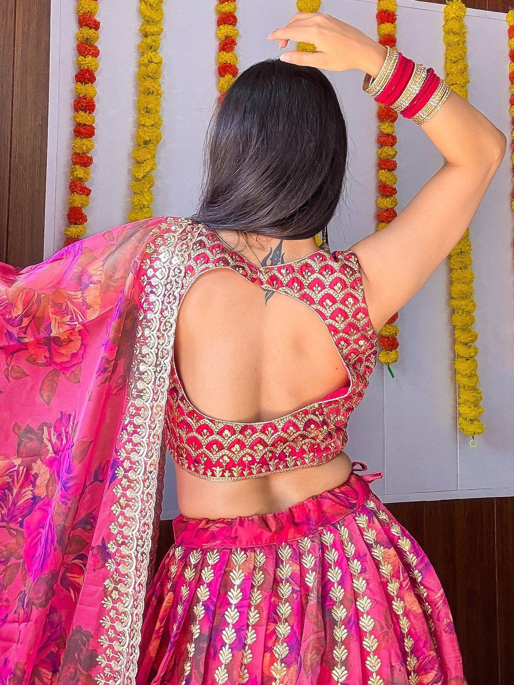 Pink Gorgeous Floral Printed Organza Sangeet Wear Lehenga Choli