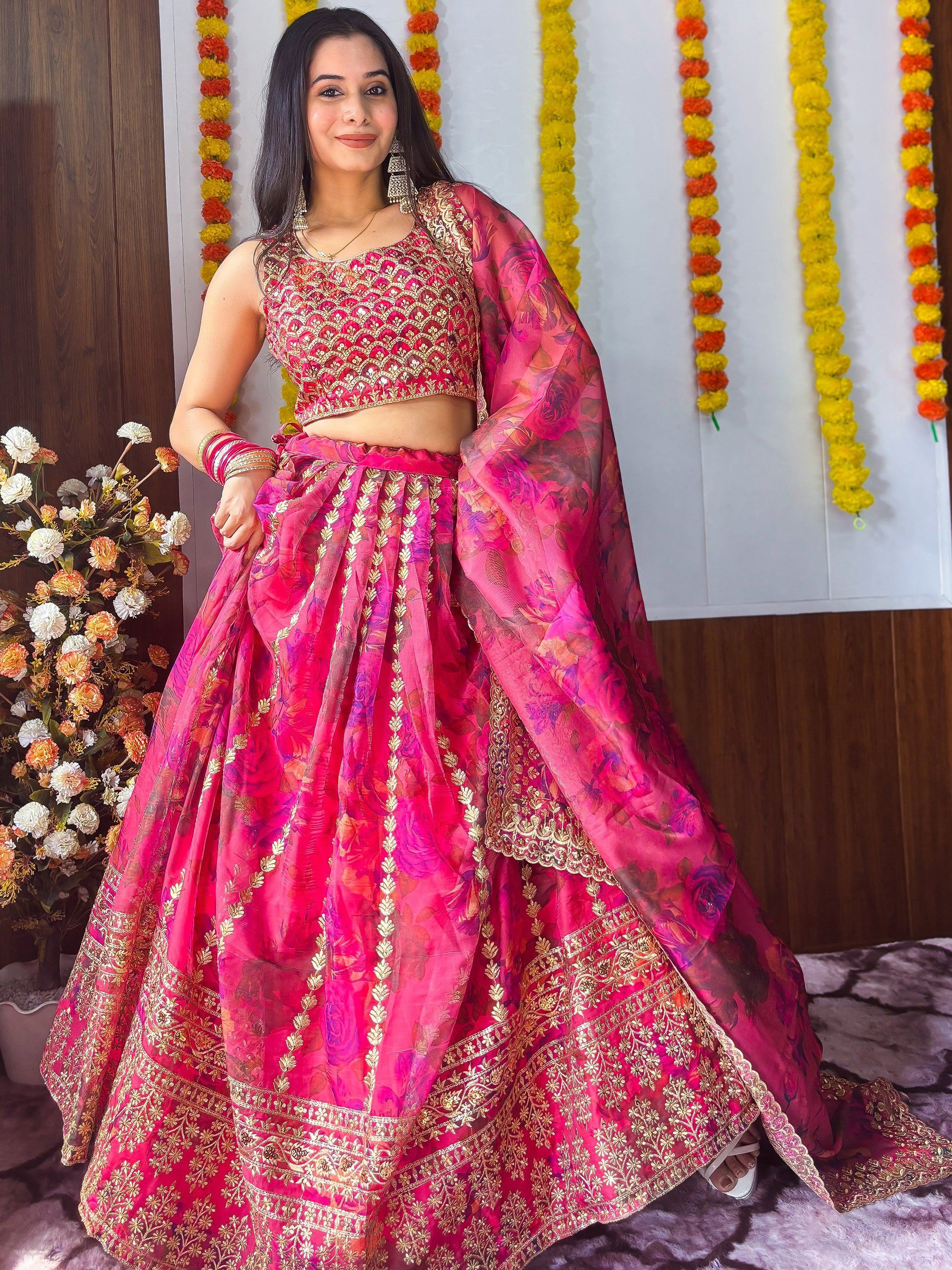 Pink Gorgeous Floral Printed Organza Sangeet Wear Lehenga Choli