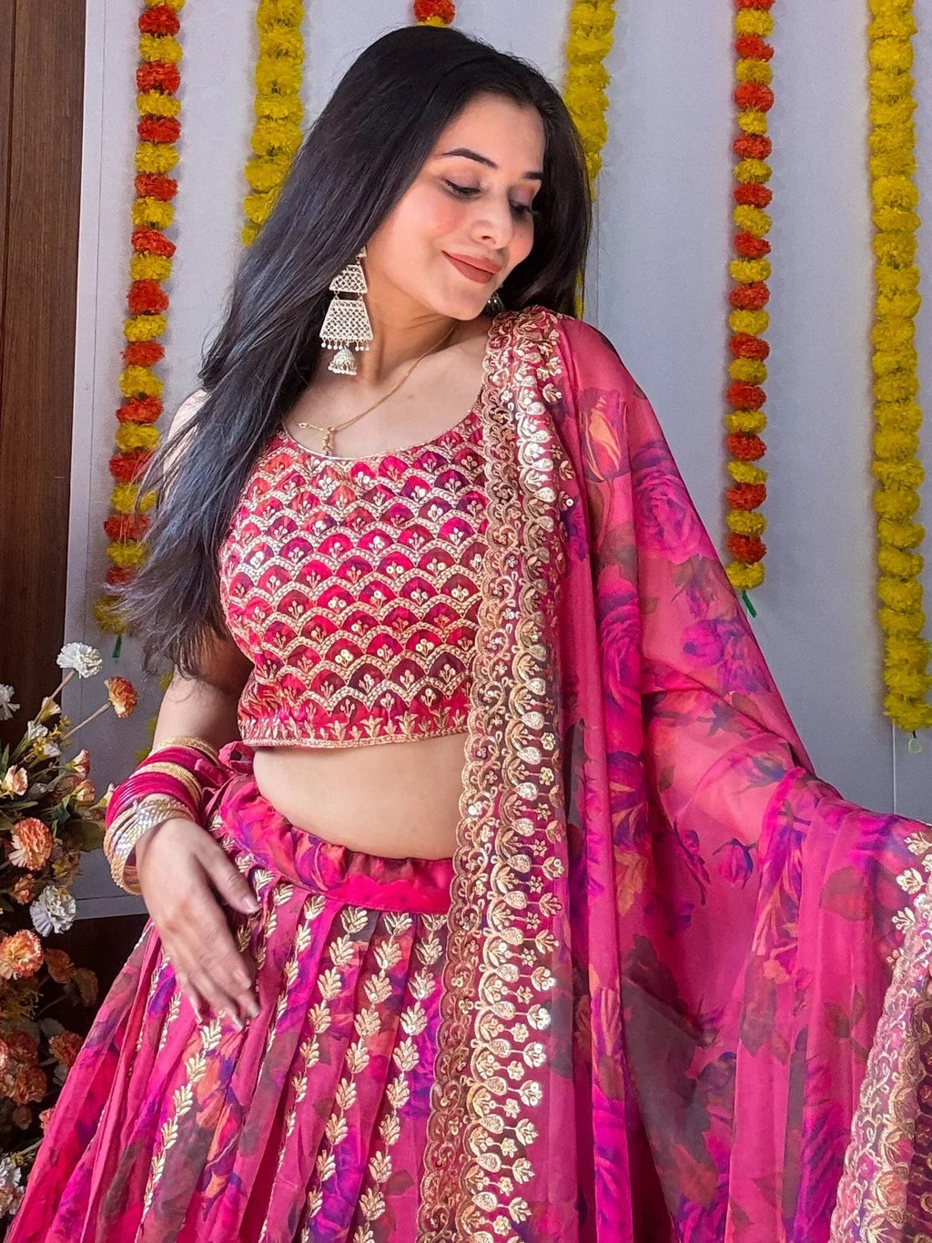 Pink Gorgeous Floral Printed Organza Sangeet Wear Lehenga Choli