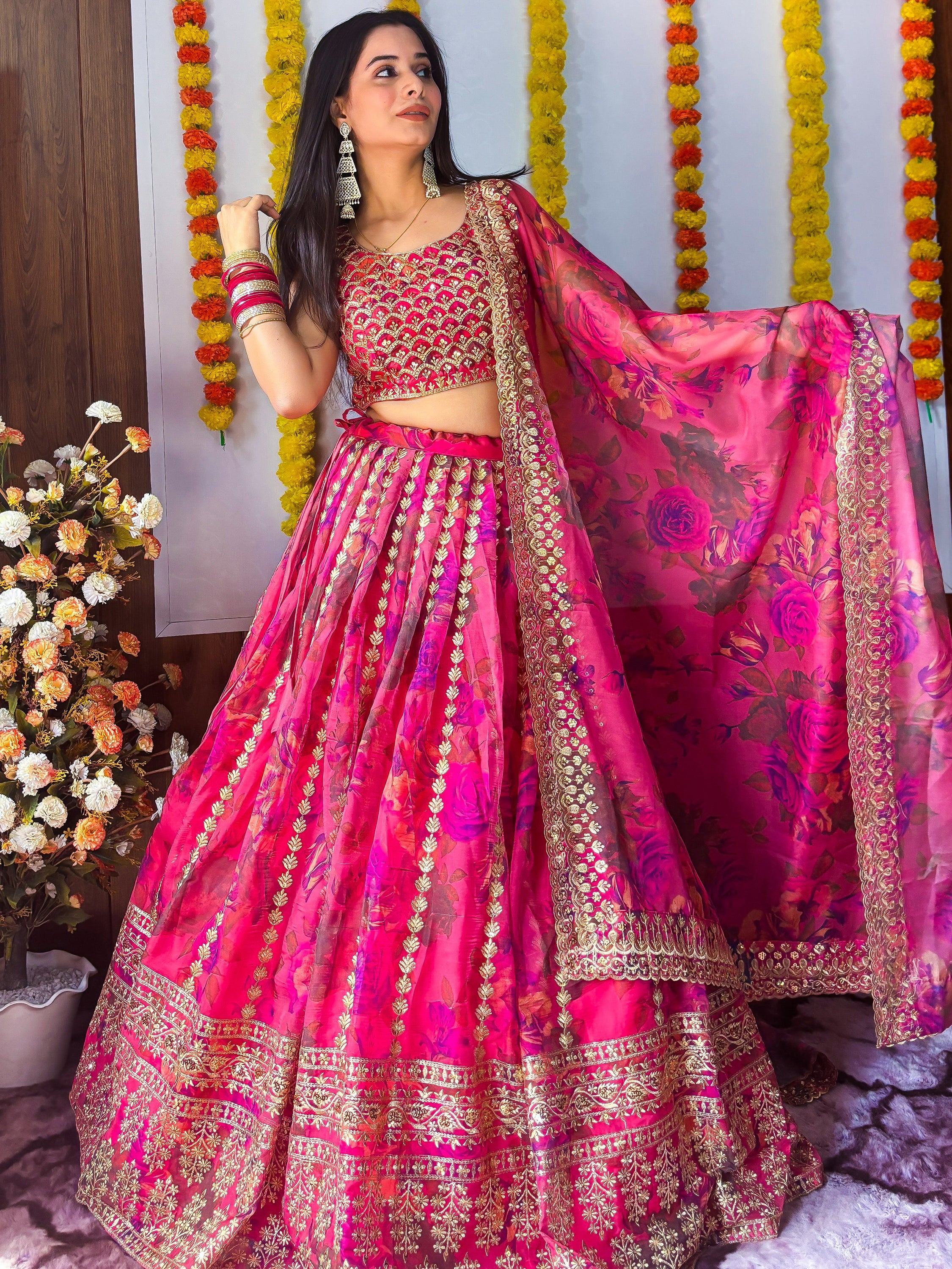 Pink Gorgeous Floral Printed Organza Sangeet Wear Lehenga Choli