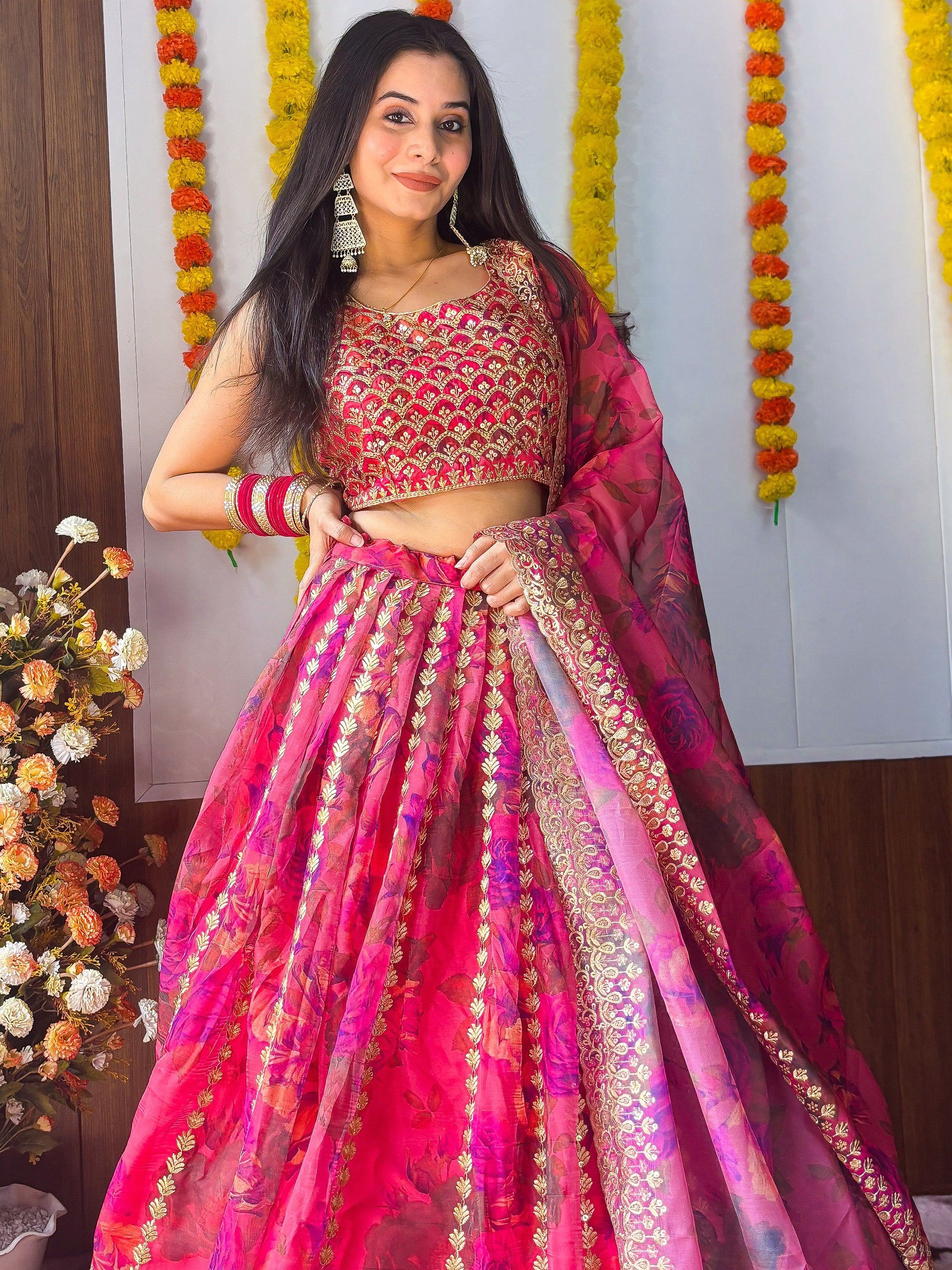 Pink Gorgeous Floral Printed Organza Sangeet Wear Lehenga Choli