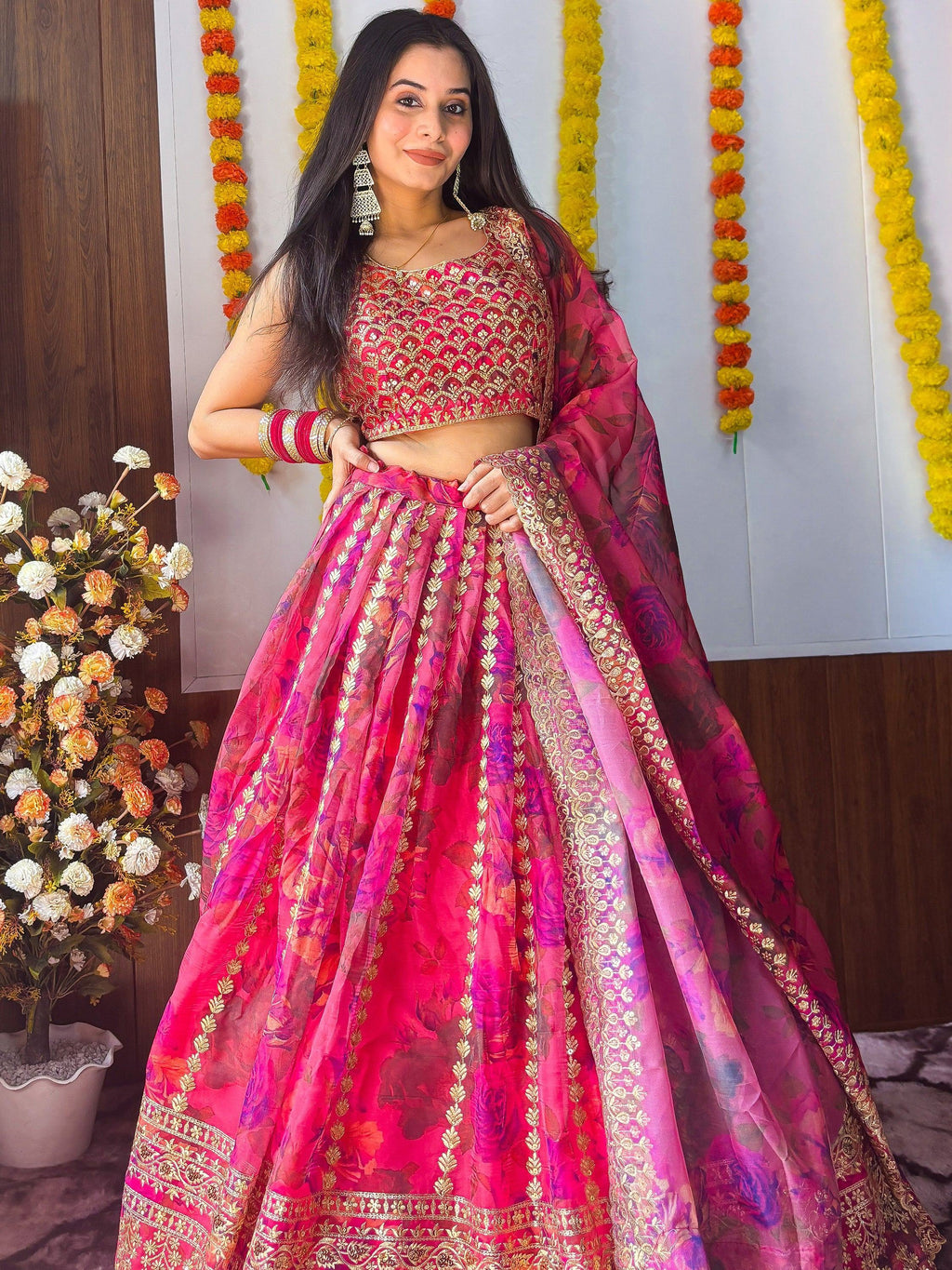 Pink Gorgeous Floral Printed Organza Sangeet Wear Lehenga Choli
