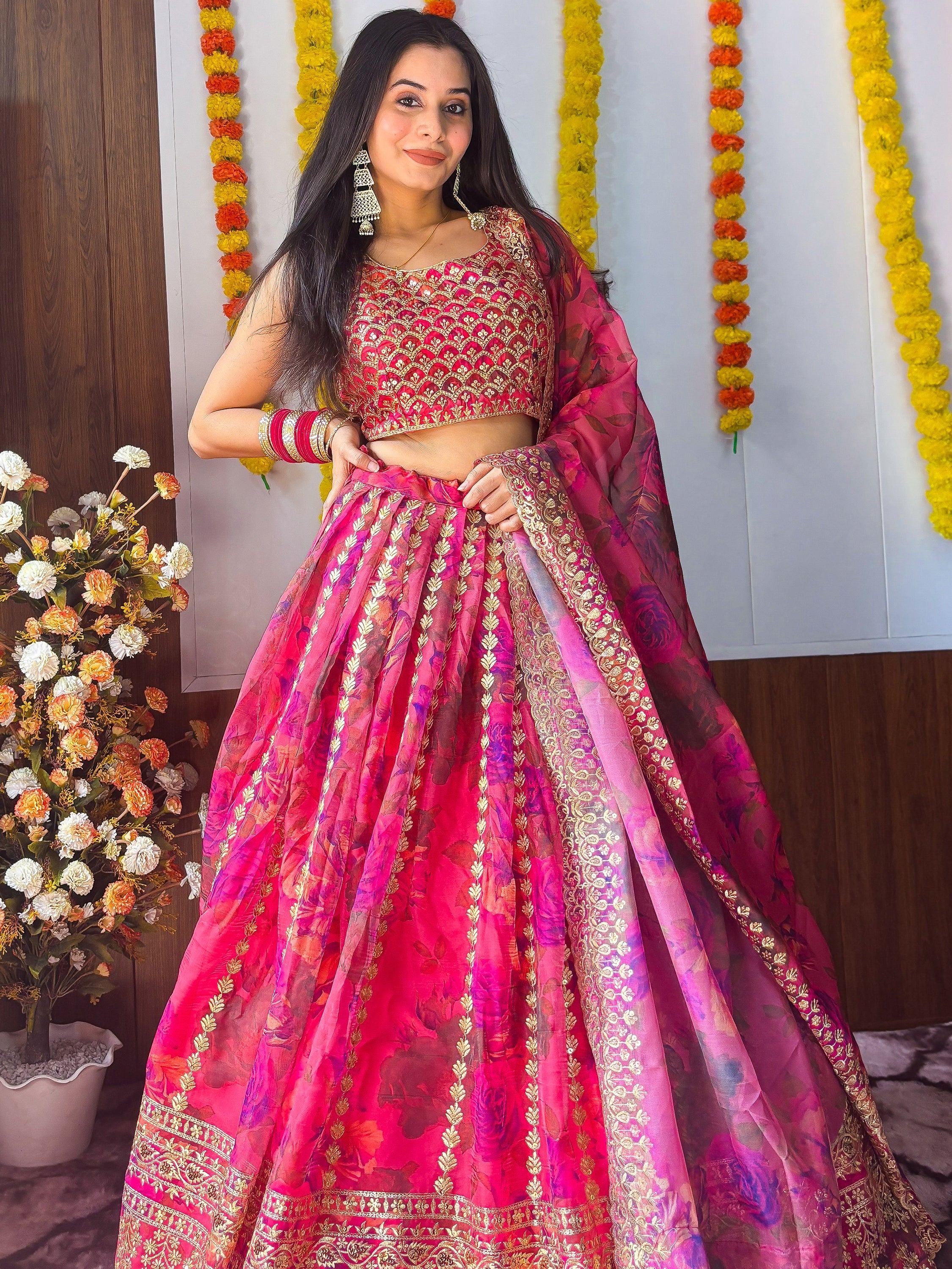 Pink Gorgeous Floral Printed Organza Sangeet Wear Lehenga Choli
