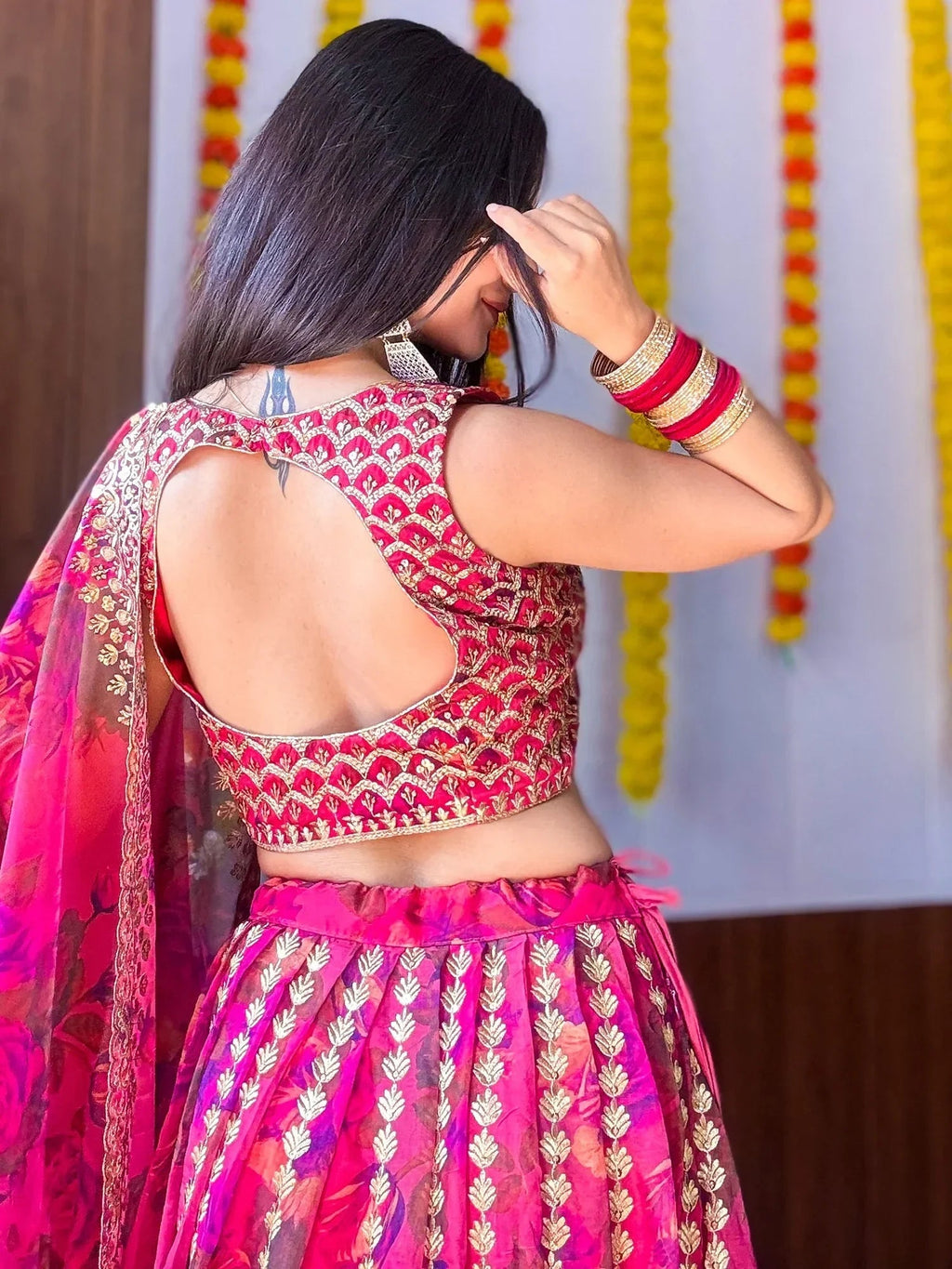 Pink Gorgeous Floral Printed Organza Sangeet Wear Lehenga Choli
