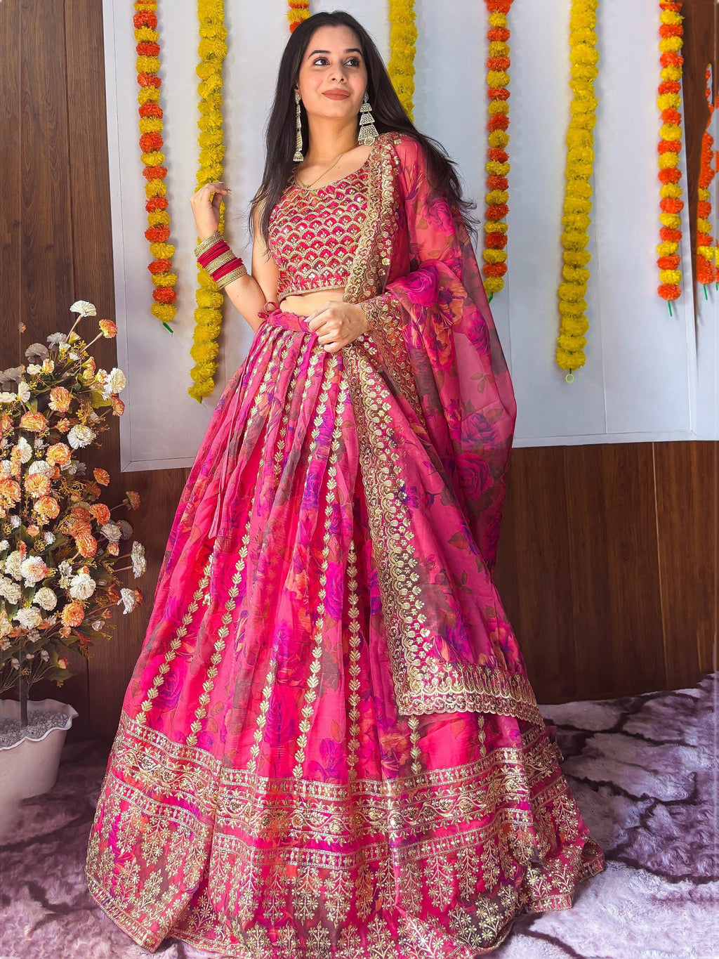 Pink Gorgeous Floral Printed Organza Sangeet Wear Lehenga Choli