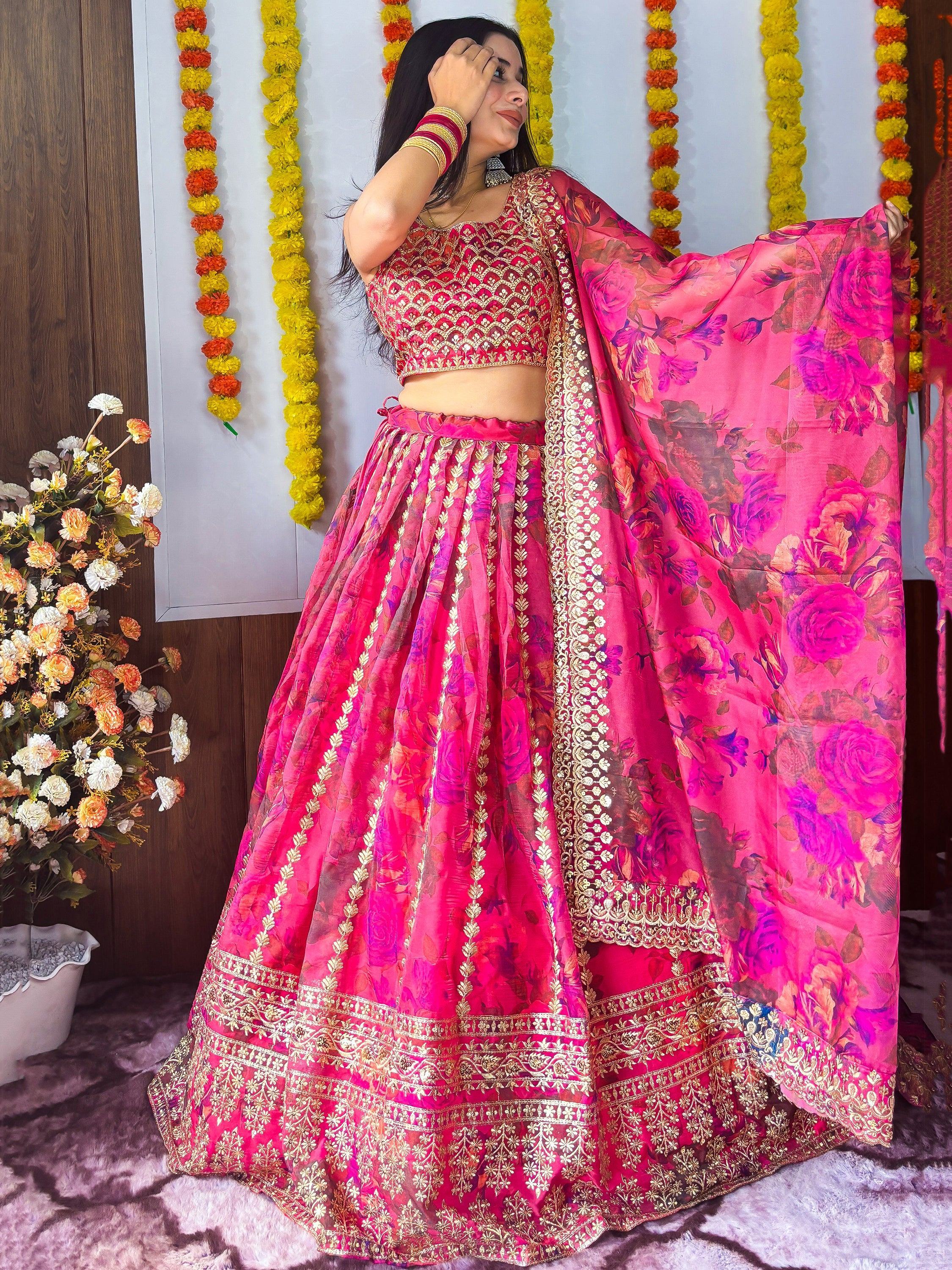 Pink Gorgeous Floral Printed Organza Sangeet Wear Lehenga Choli