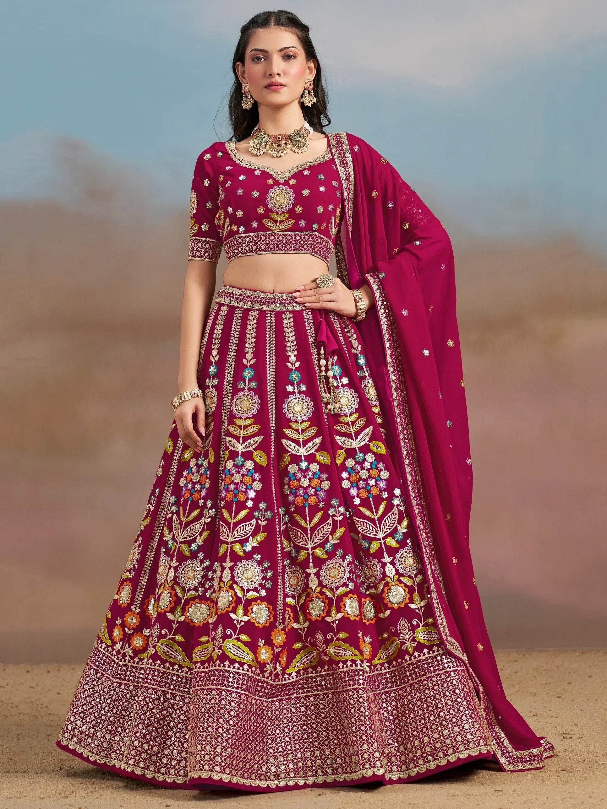 Pink Fantastic Zari Work Georgette Wedding Wear Lehenga Choli