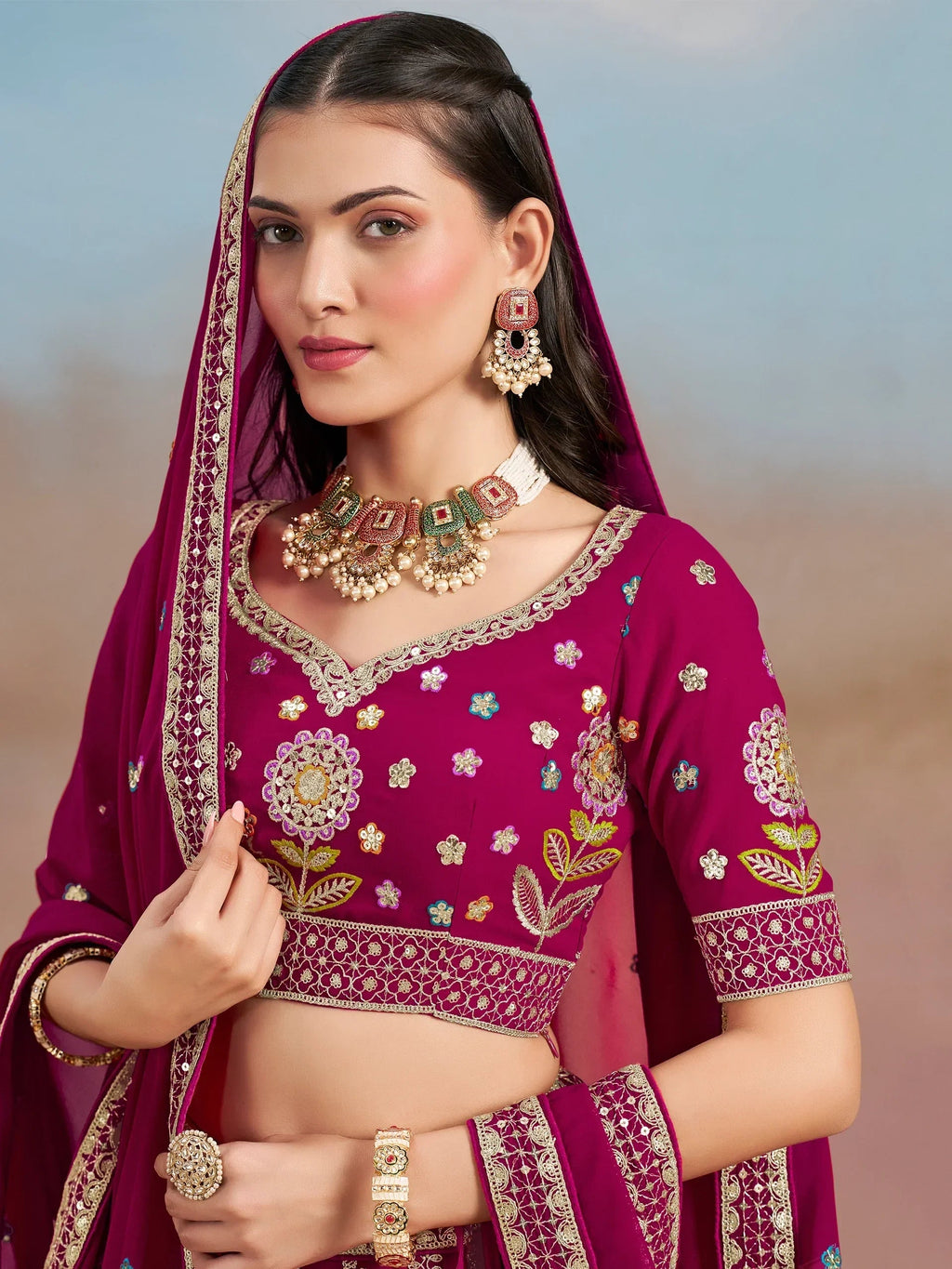 Pink Fantastic Zari Work Georgette Wedding Wear Lehenga Choli