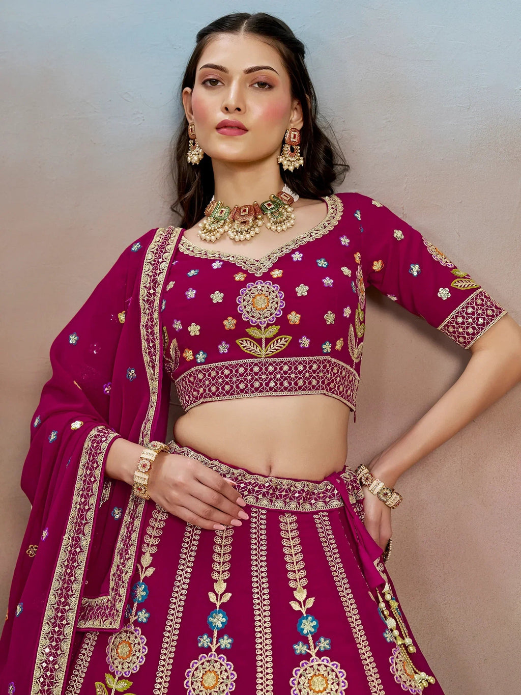 Pink Fantastic Zari Work Georgette Wedding Wear Lehenga Choli