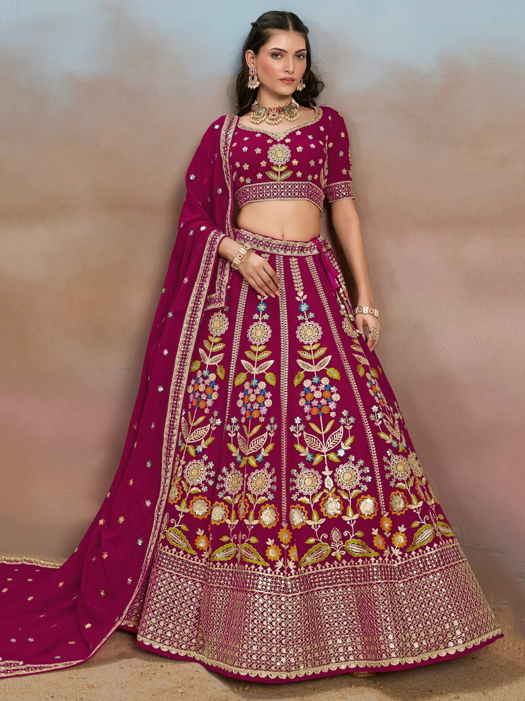 Pink Fantastic Zari Work Georgette Wedding Wear Lehenga Choli