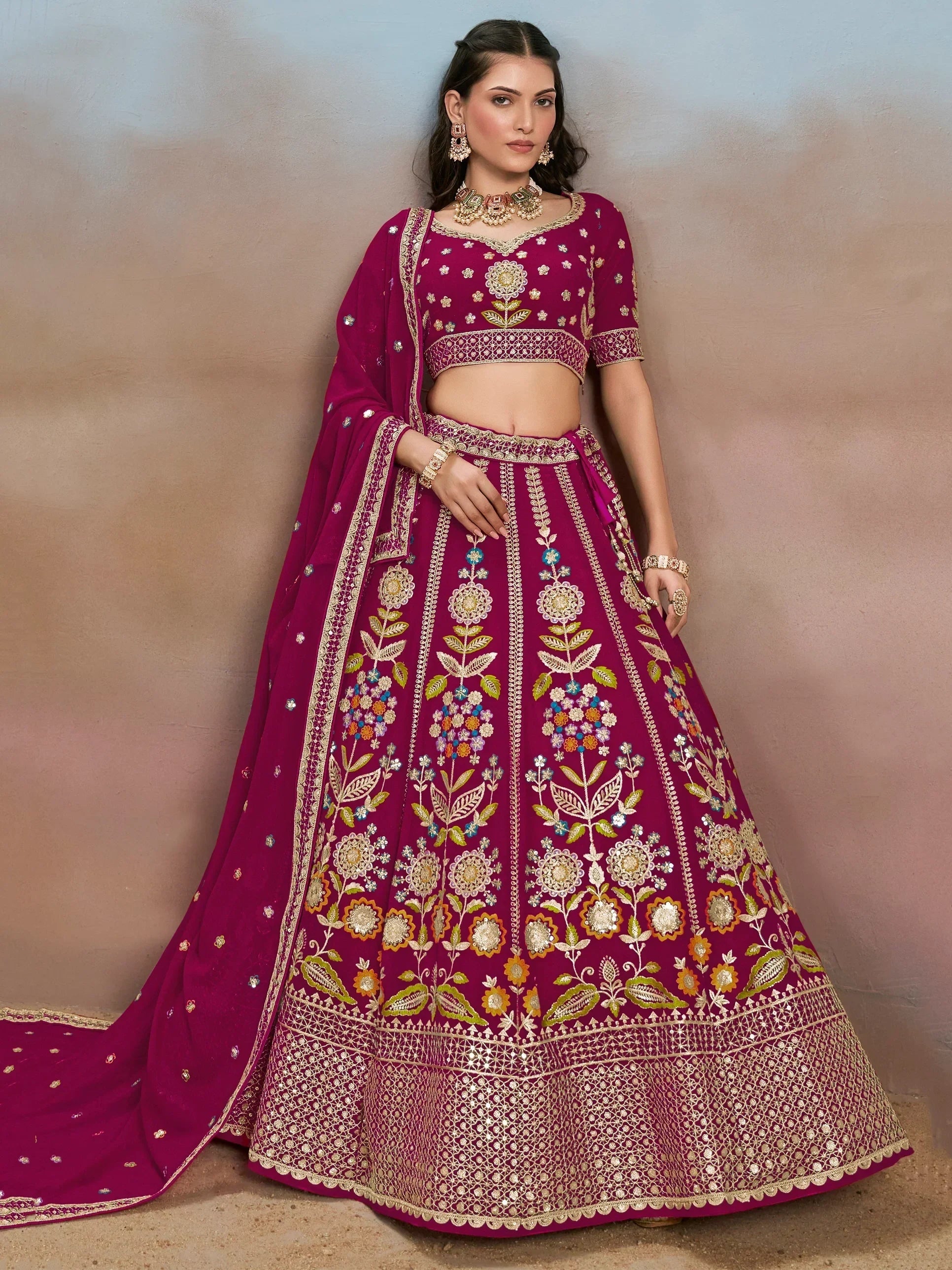 Pink Fantastic Zari Work Georgette Wedding Wear Lehenga Choli