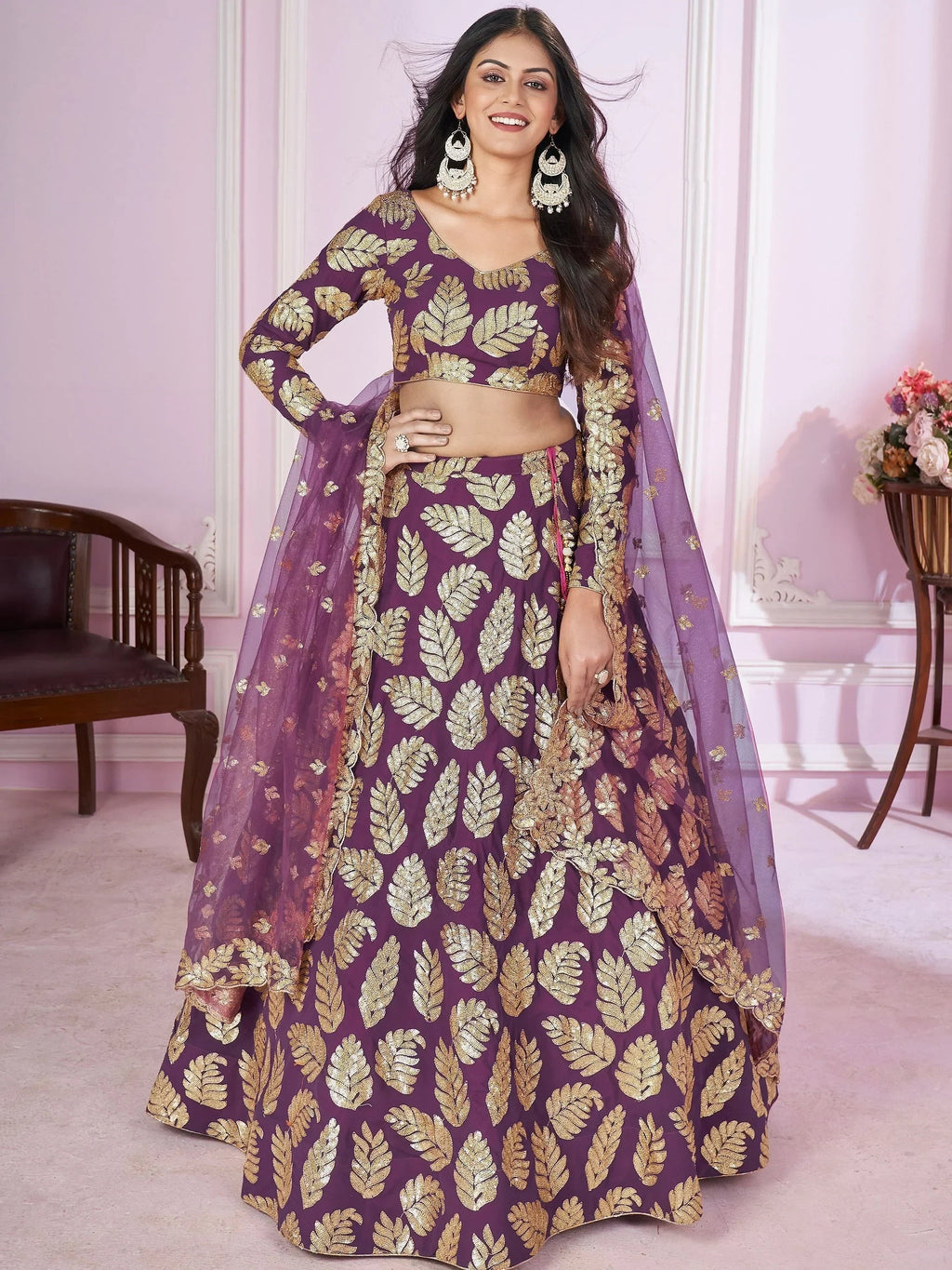 Stunning Purple Sequins Georgette Engagement Wear Lehenga Choli
