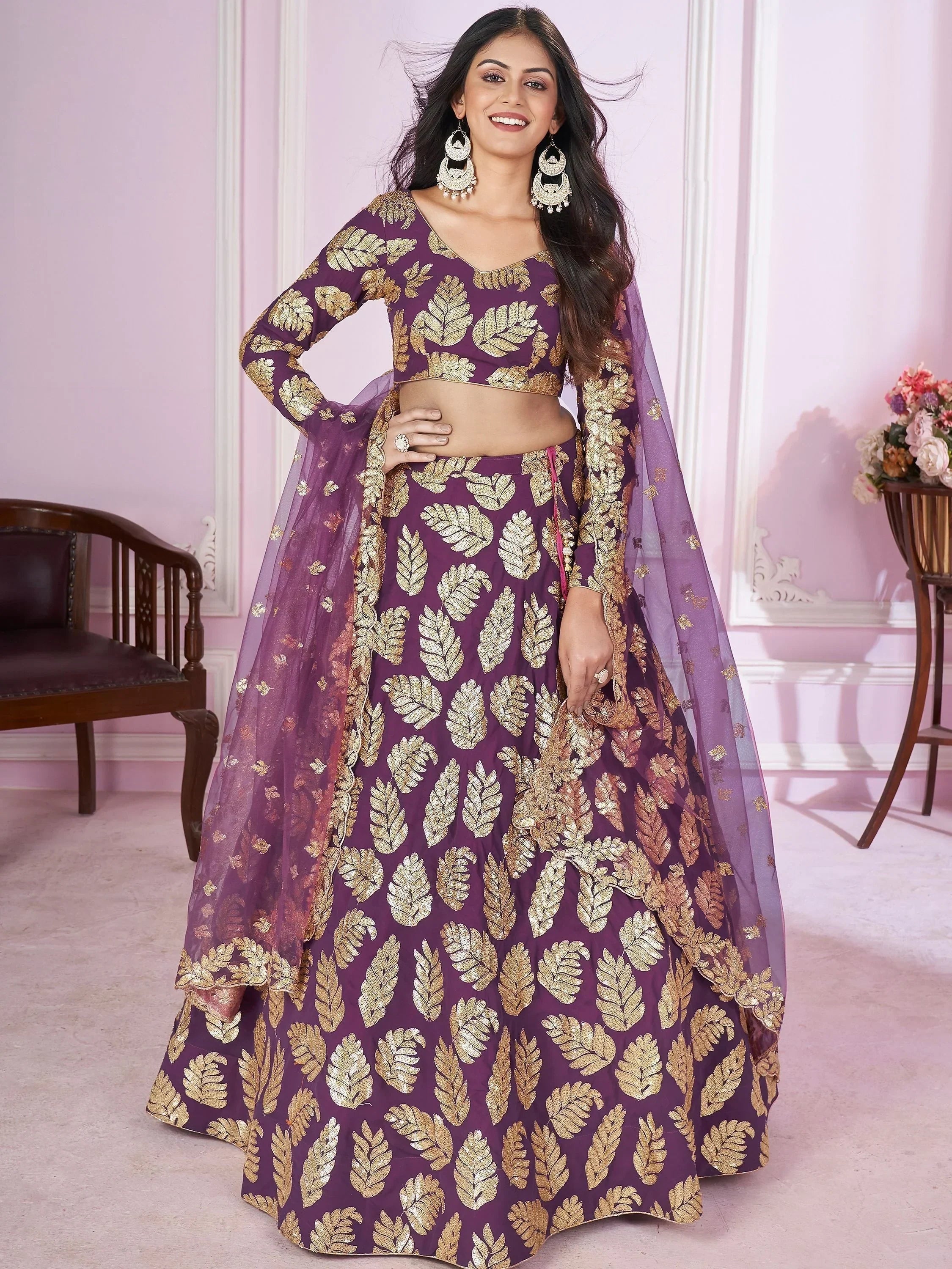 Stunning Purple Sequins Georgette Engagement Wear Lehenga Choli