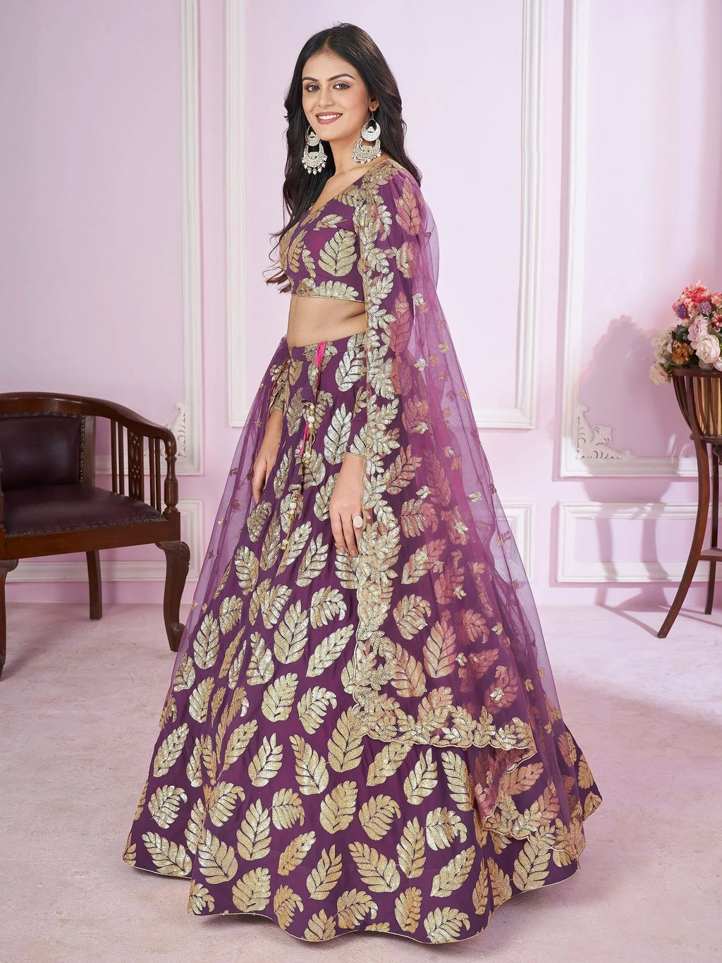 Stunning Purple Sequins Georgette Engagement Wear Lehenga Choli