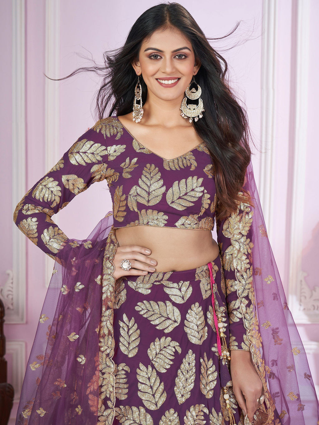 Stunning Purple Sequins Georgette Engagement Wear Lehenga Choli