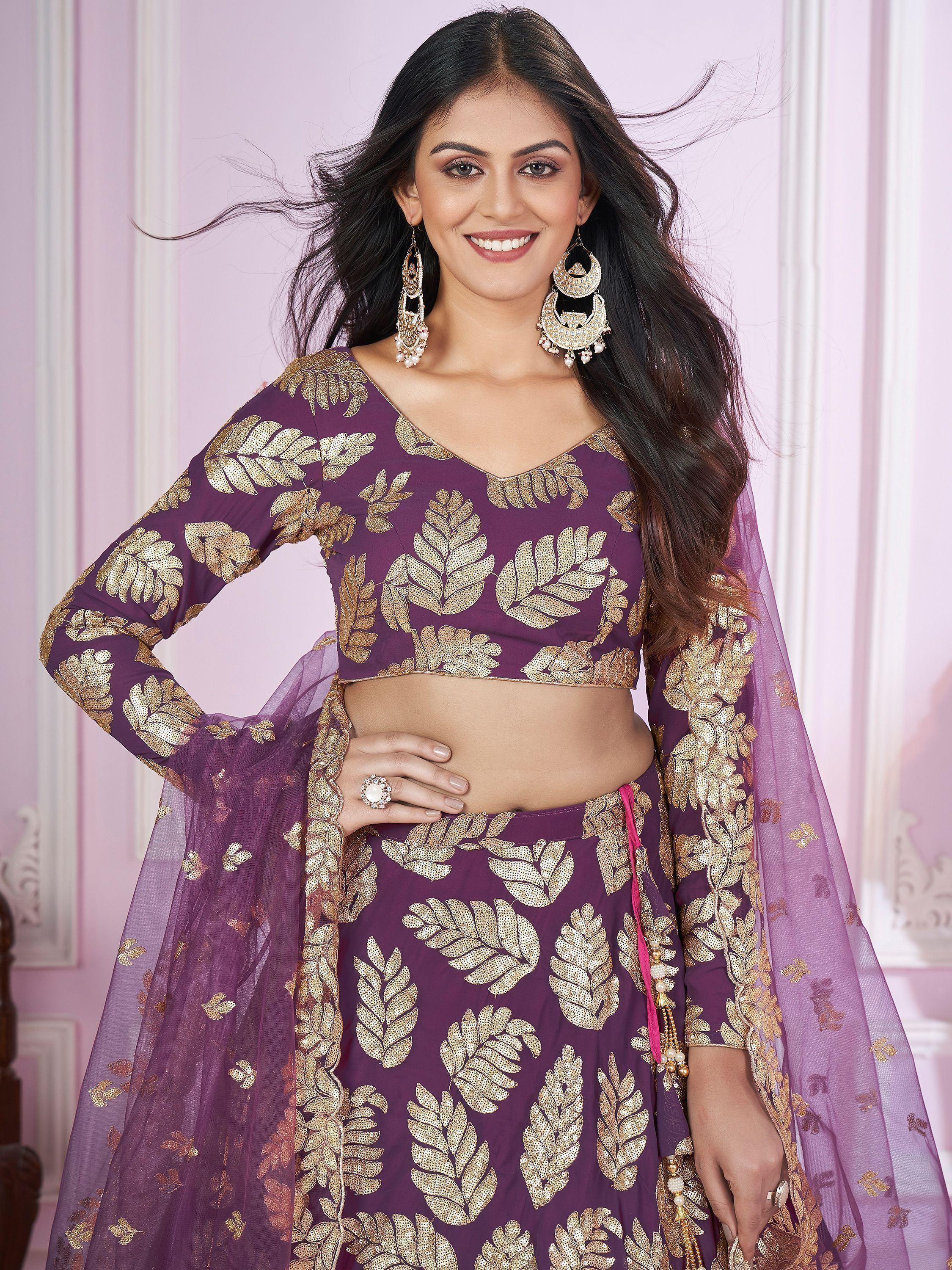 Stunning Purple Sequins Georgette Engagement Wear Lehenga Choli