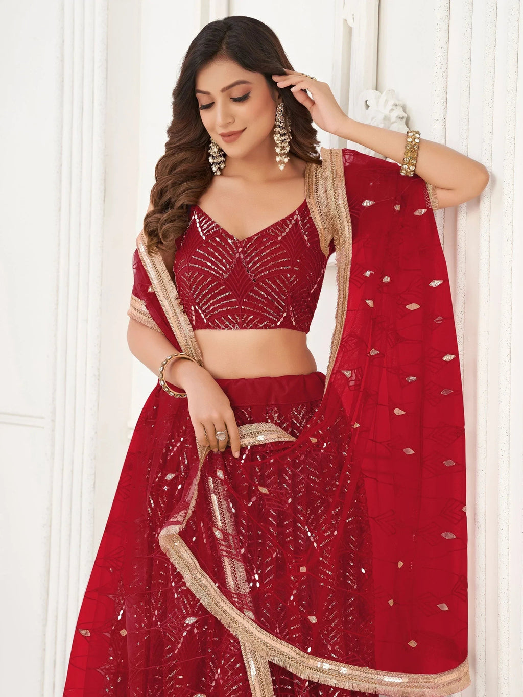 Red Beautiful Sequins Net Reception Wear Lehenga Choli With Dupatta