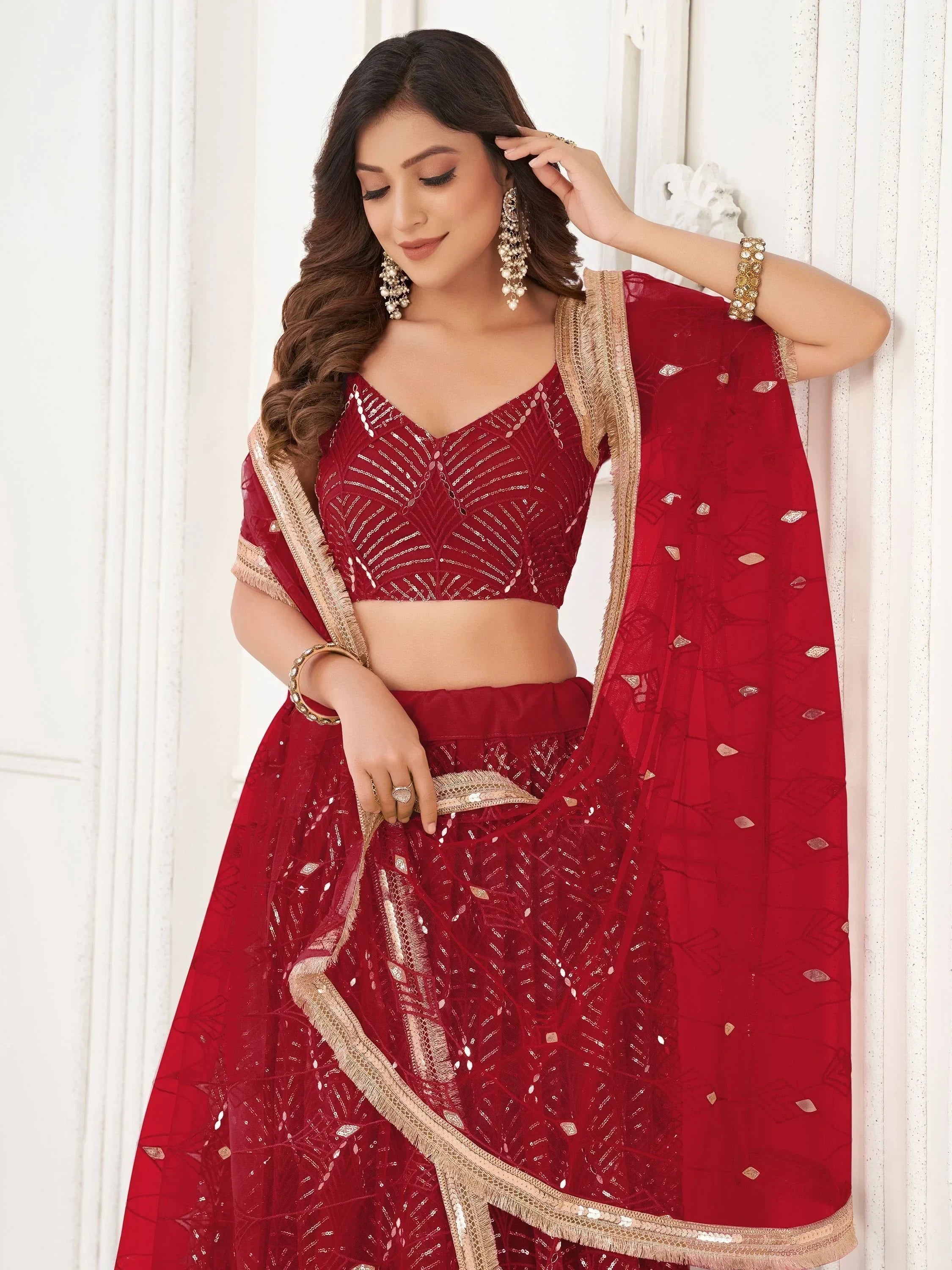 Red Beautiful Sequins Net Reception Wear Lehenga Choli With Dupatta
