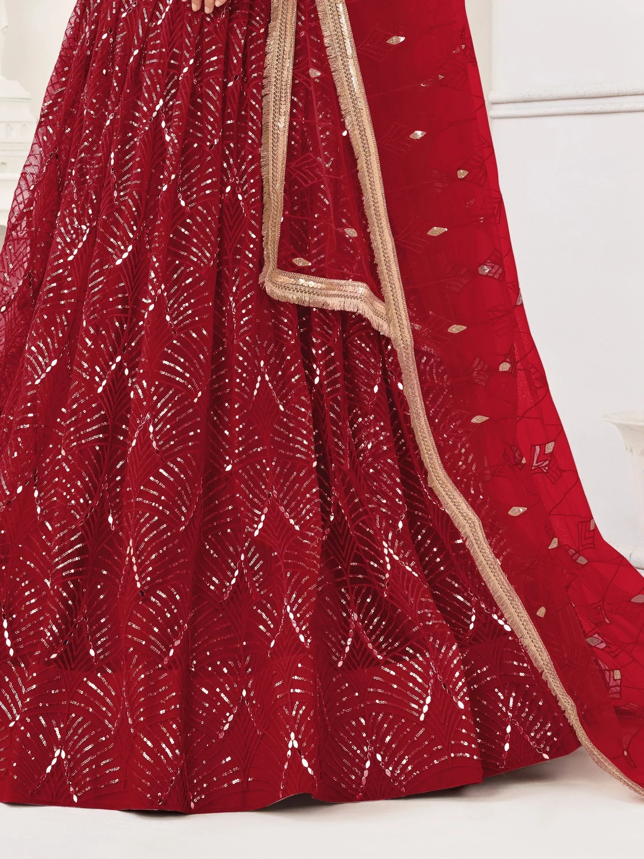 Red Beautiful Sequins Net Reception Wear Lehenga Choli With Dupatta