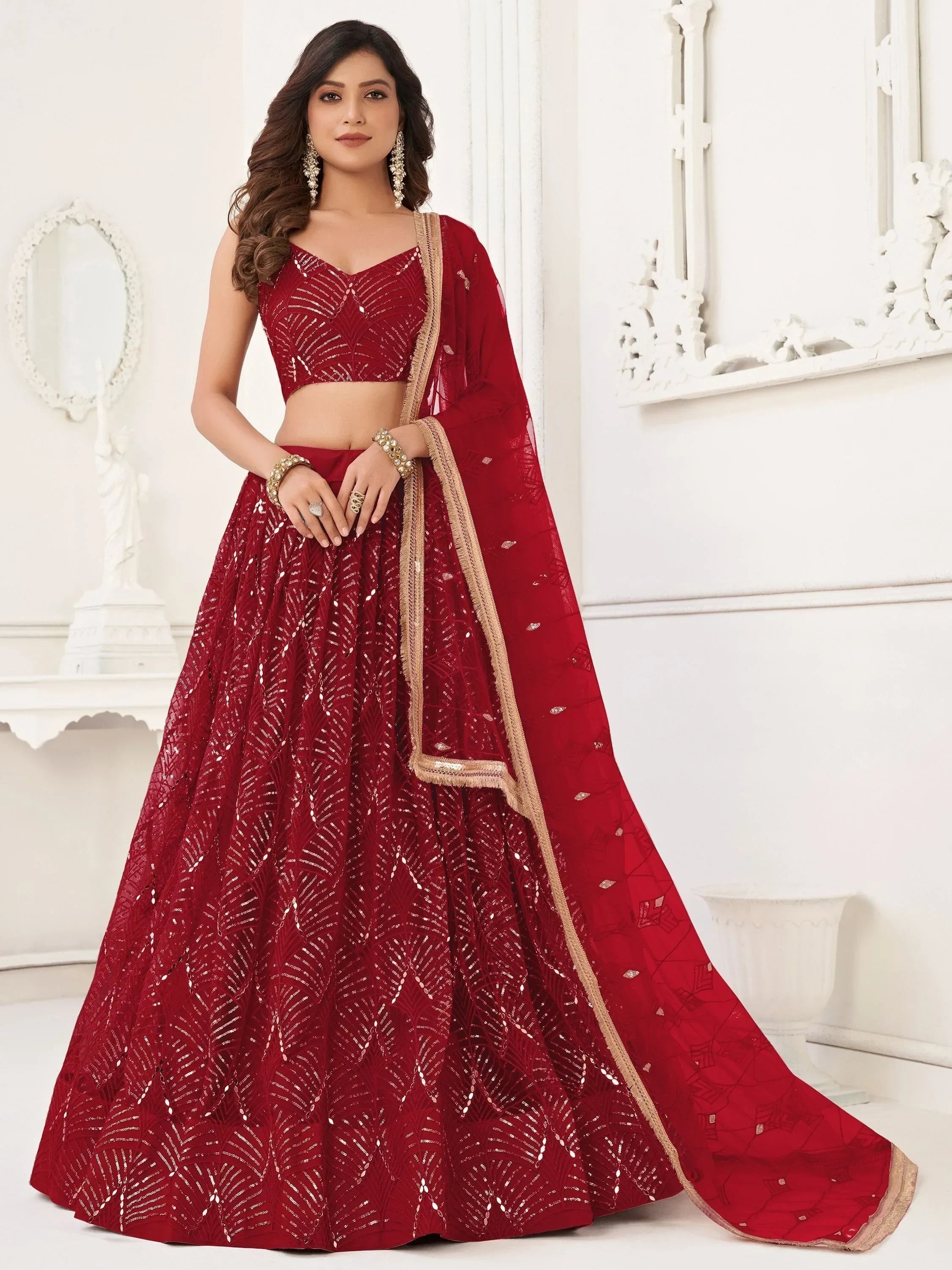 Red Beautiful Sequins Net Reception Wear Lehenga Choli With Dupatta