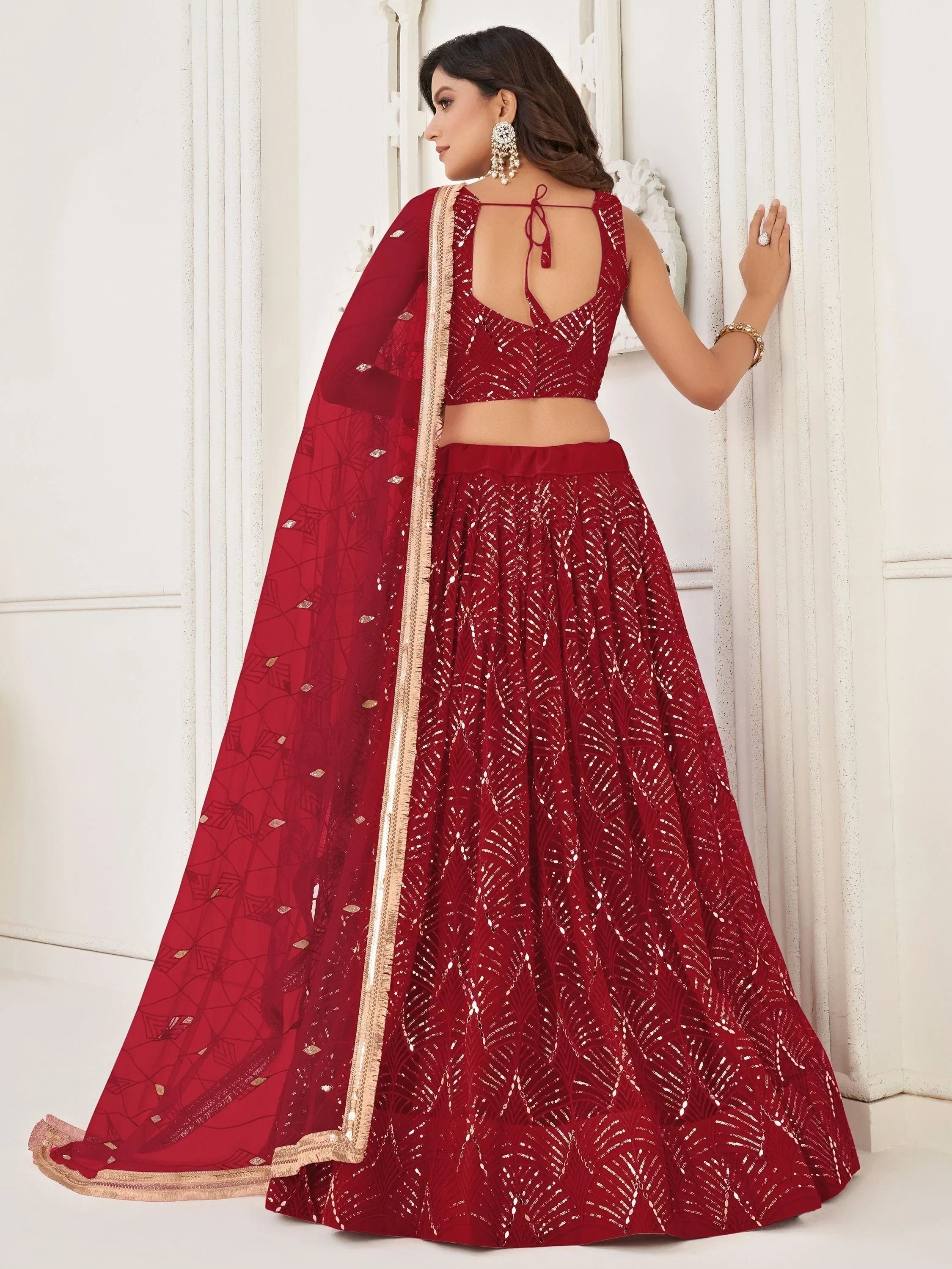 Red Beautiful Sequins Net Reception Wear Lehenga Choli With Dupatta