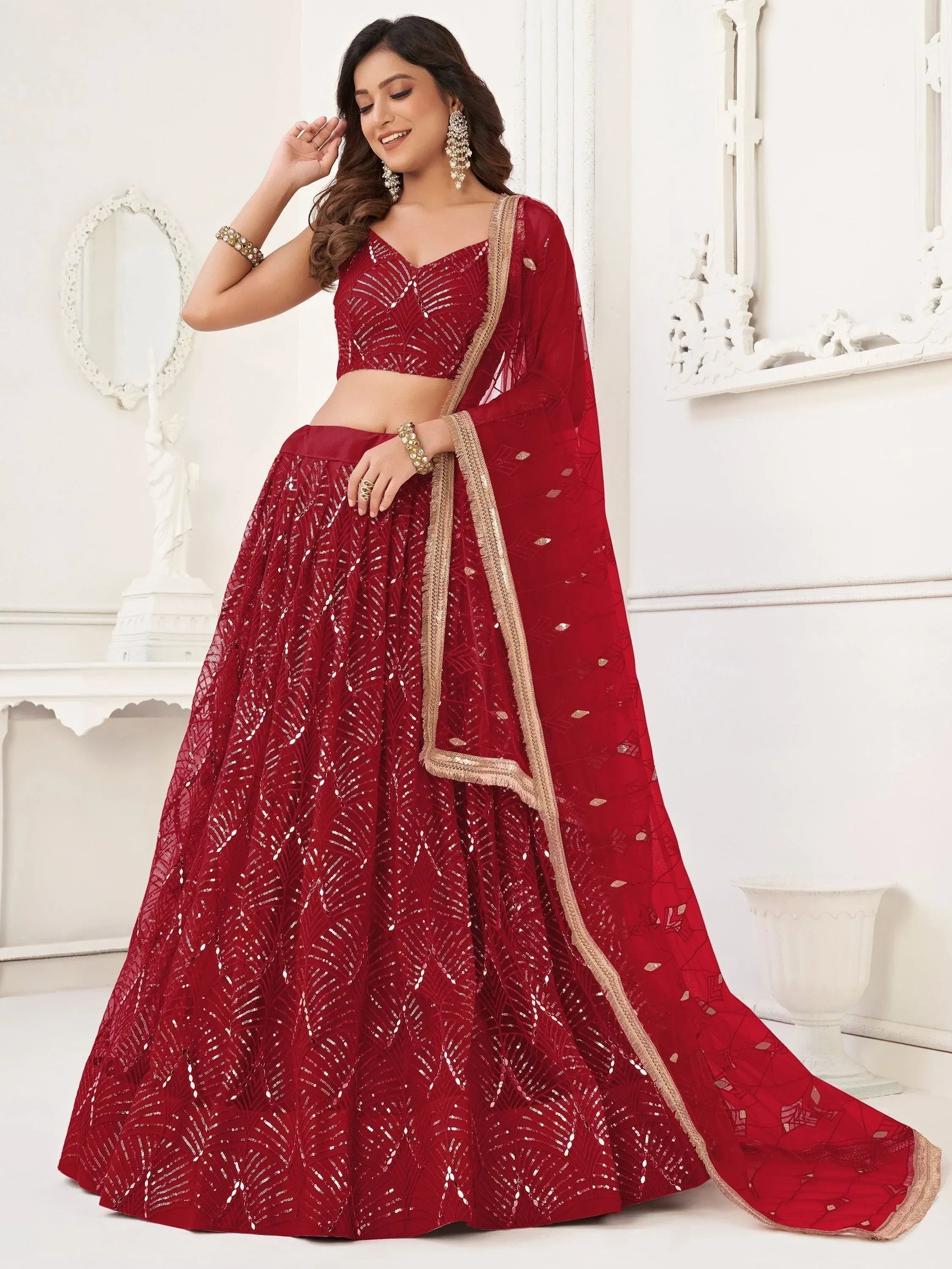 Red Beautiful Sequins Net Reception Wear Lehenga Choli With Dupatta