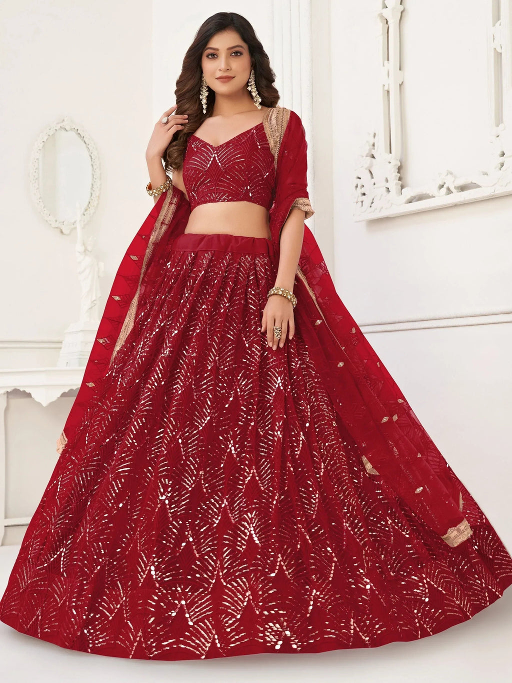Red Beautiful Sequins Net Reception Wear Lehenga Choli With Dupatta