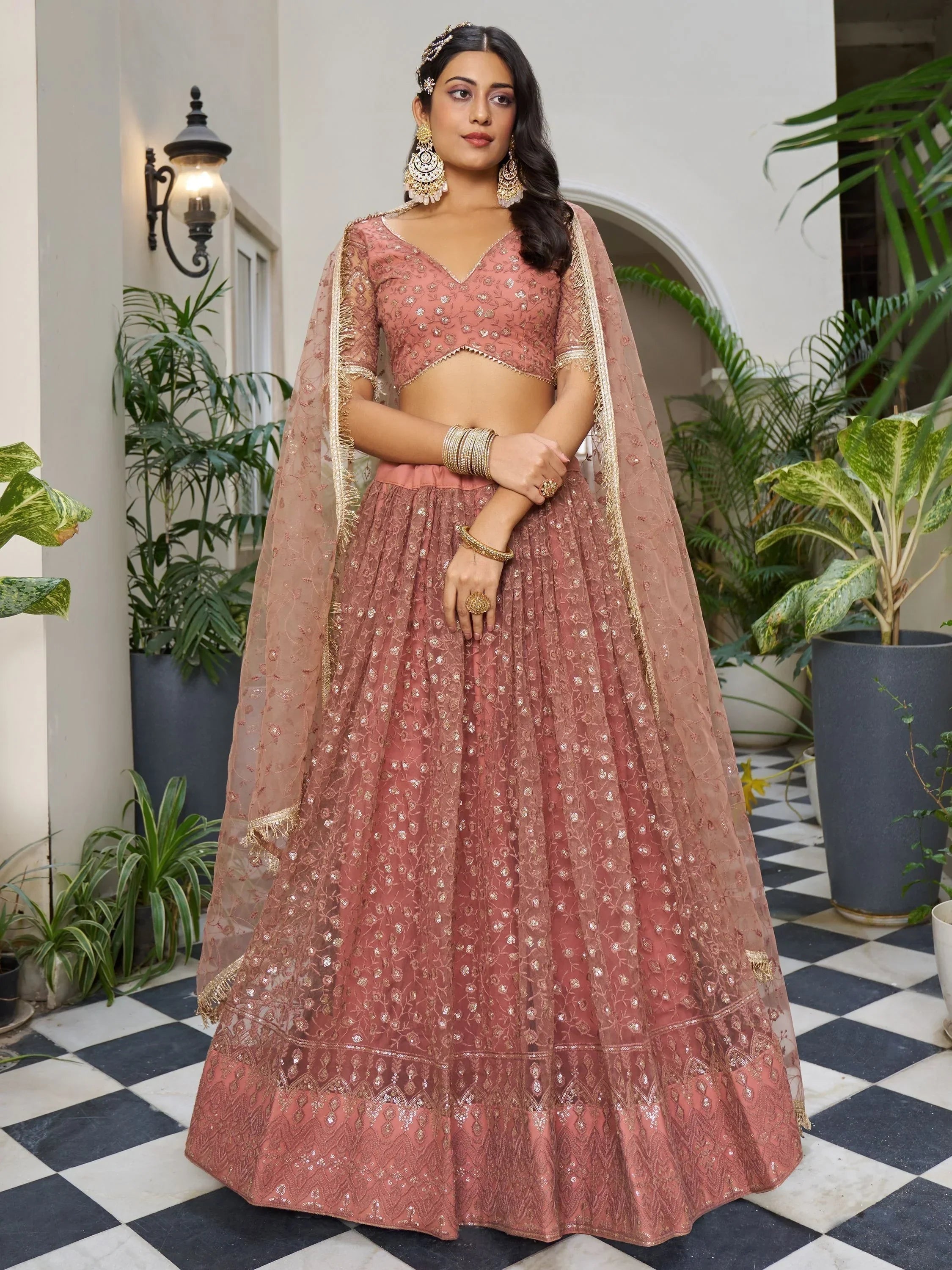 Stunning Rose Gold Embroidered Net Wedding Wear Lehenga Choli