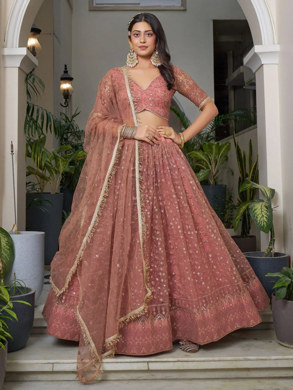 Stunning Rose Gold Embroidered Net Wedding Wear Lehenga Choli