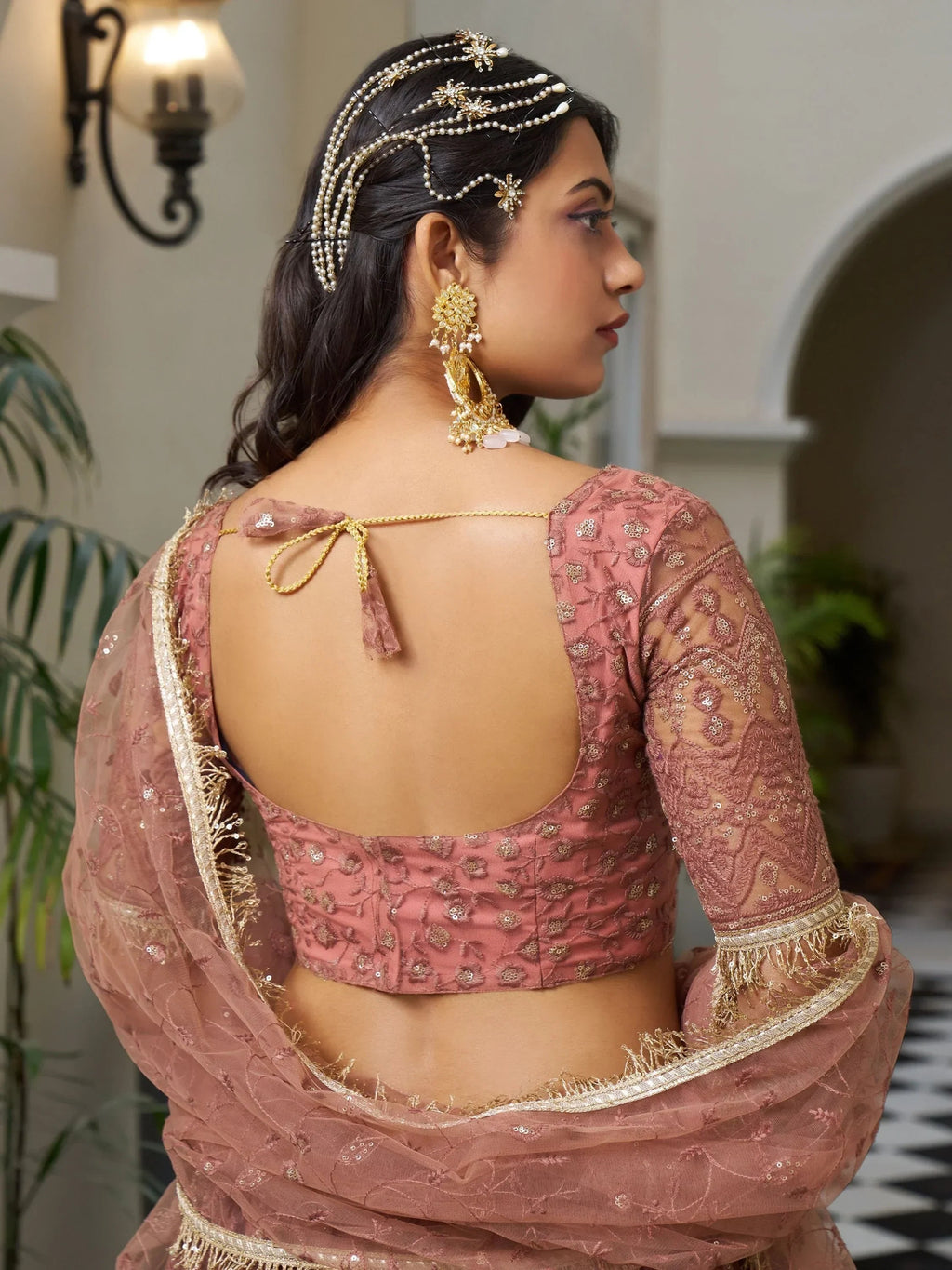 Stunning Rose Gold Embroidered Net Wedding Wear Lehenga Choli