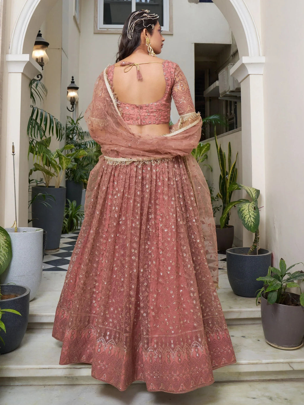 Stunning Rose Gold Embroidered Net Wedding Wear Lehenga Choli