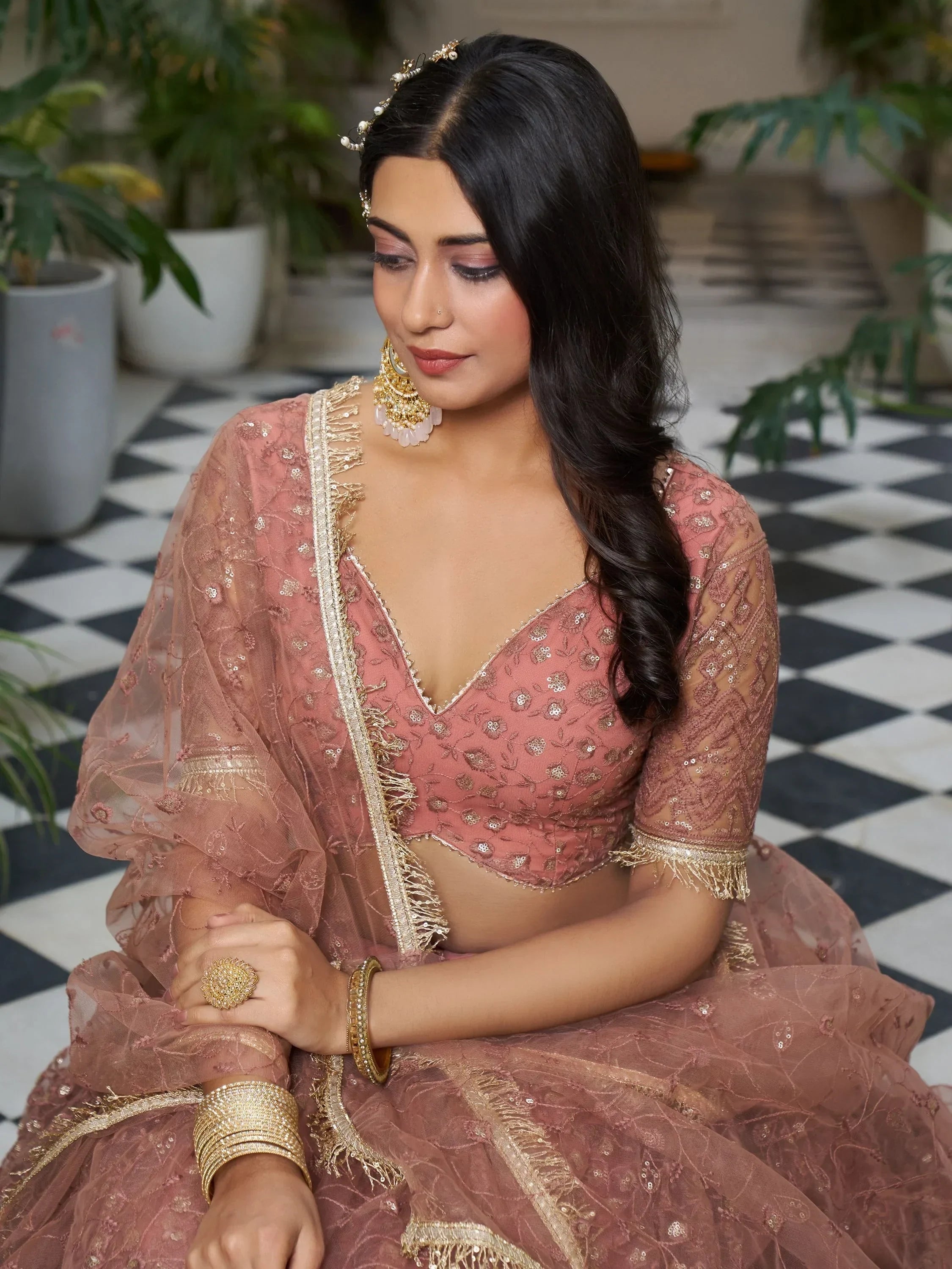Stunning Rose Gold Embroidered Net Wedding Wear Lehenga Choli