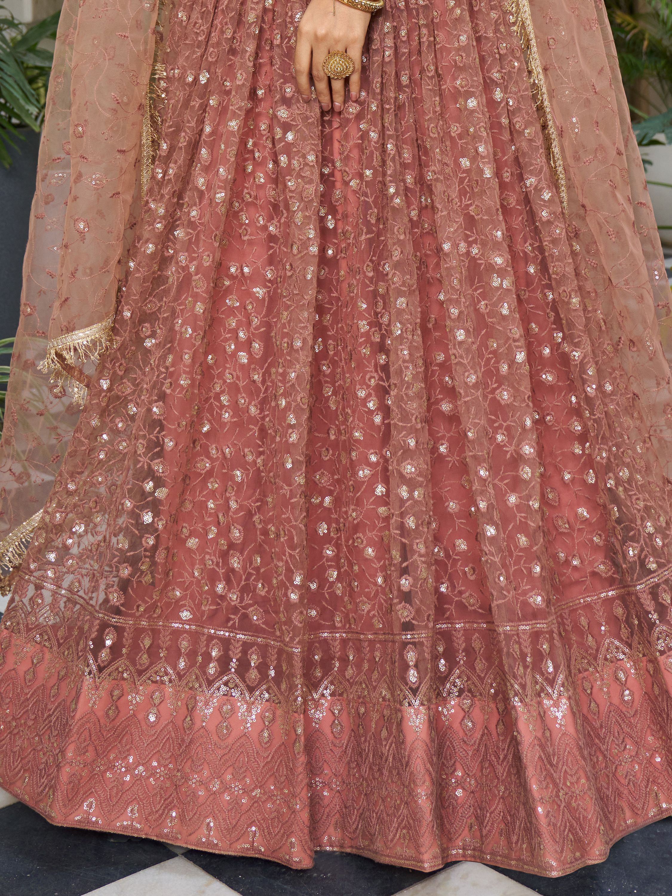 Stunning Rose Gold Embroidered Net Wedding Wear Lehenga Choli