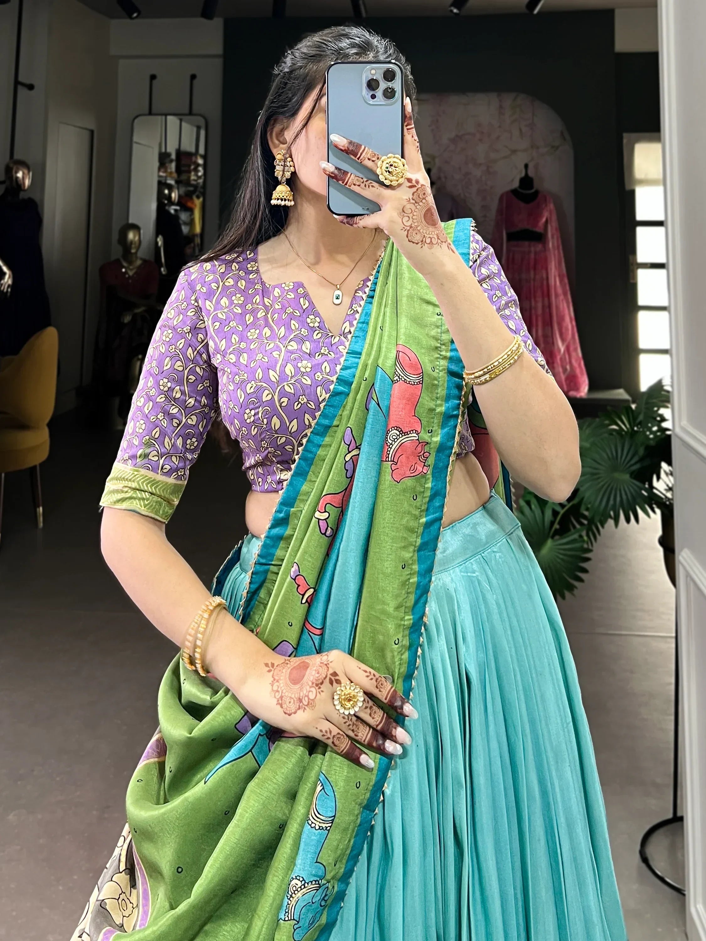 Sky Blue Stunning Kalamkari Printed Silk Festival Wear Lehenga Choli