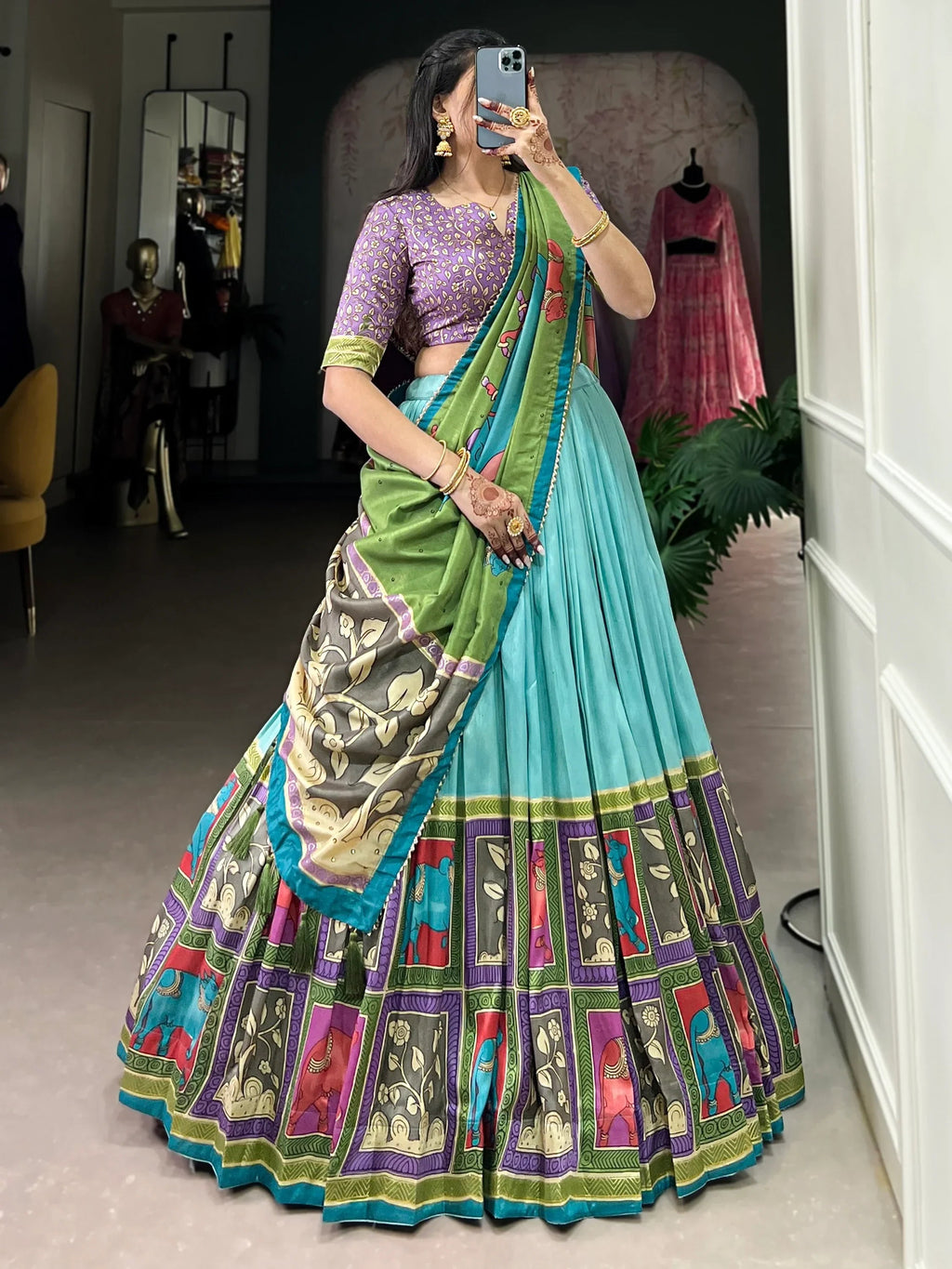 Sky Blue Stunning Kalamkari Printed Silk Festival Wear Lehenga Choli