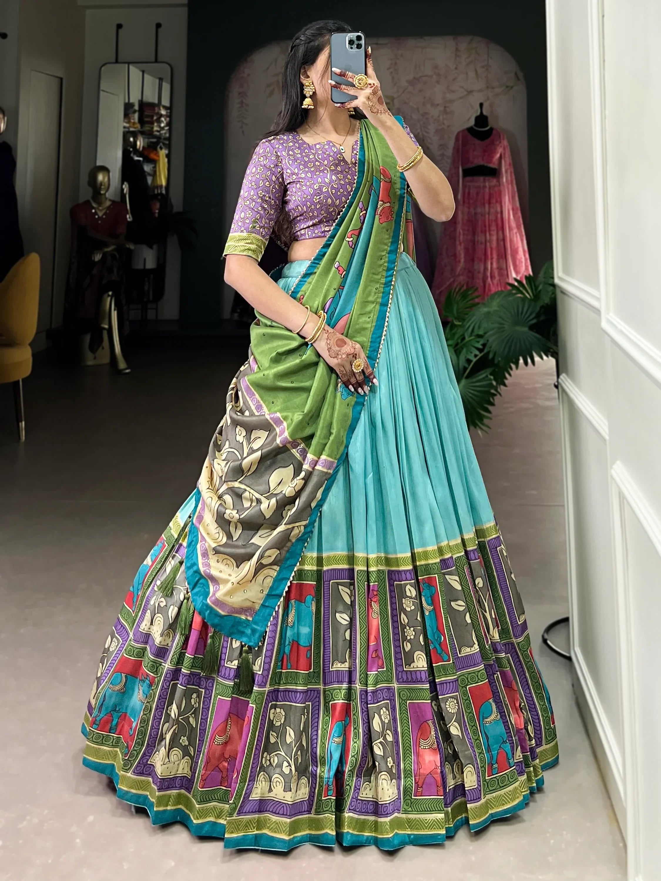 Sky Blue Stunning Kalamkari Printed Silk Festival Wear Lehenga Choli