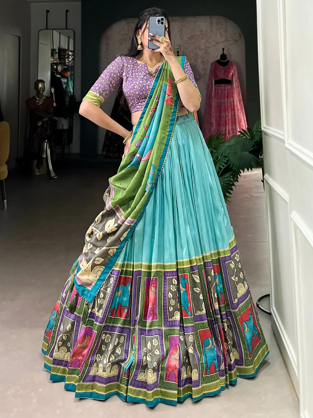 Sky Blue Stunning Kalamkari Printed Silk Festival Wear Lehenga Choli