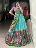 Sky Blue Stunning Kalamkari Printed Silk Festival Wear Lehenga Choli