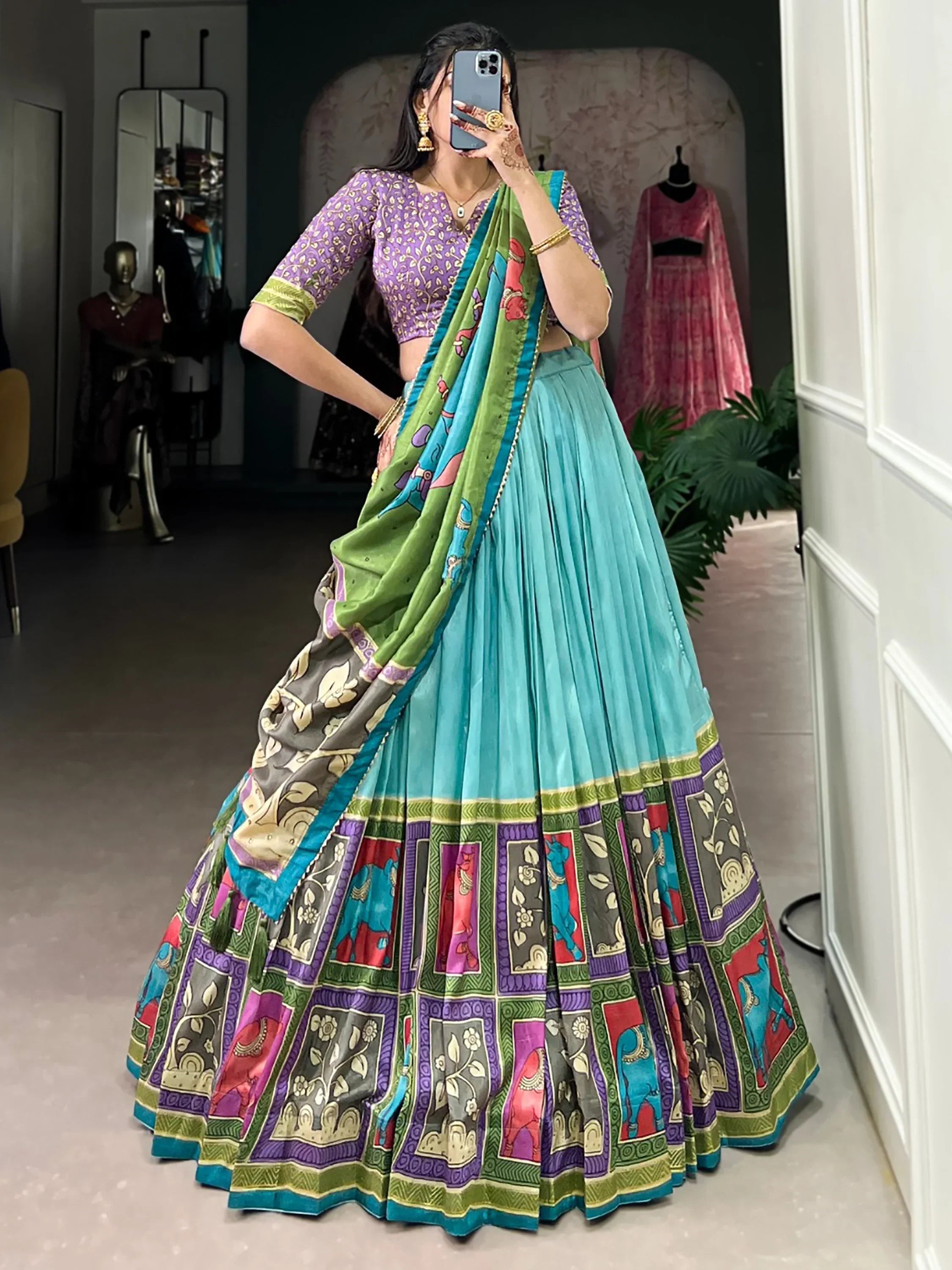 Sky Blue Stunning Kalamkari Printed Silk Festival Wear Lehenga Choli