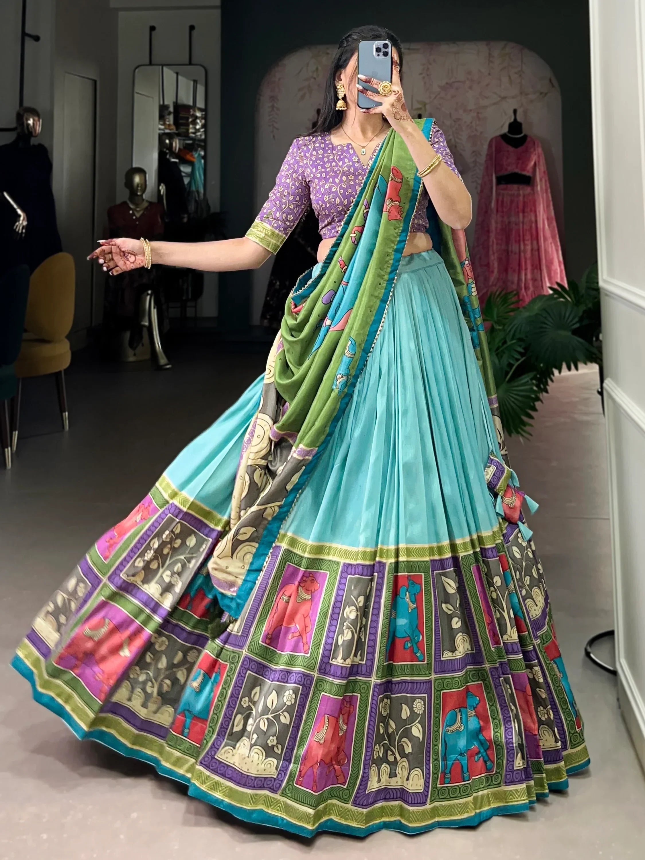 Sky Blue Stunning Kalamkari Printed Silk Festival Wear Lehenga Choli