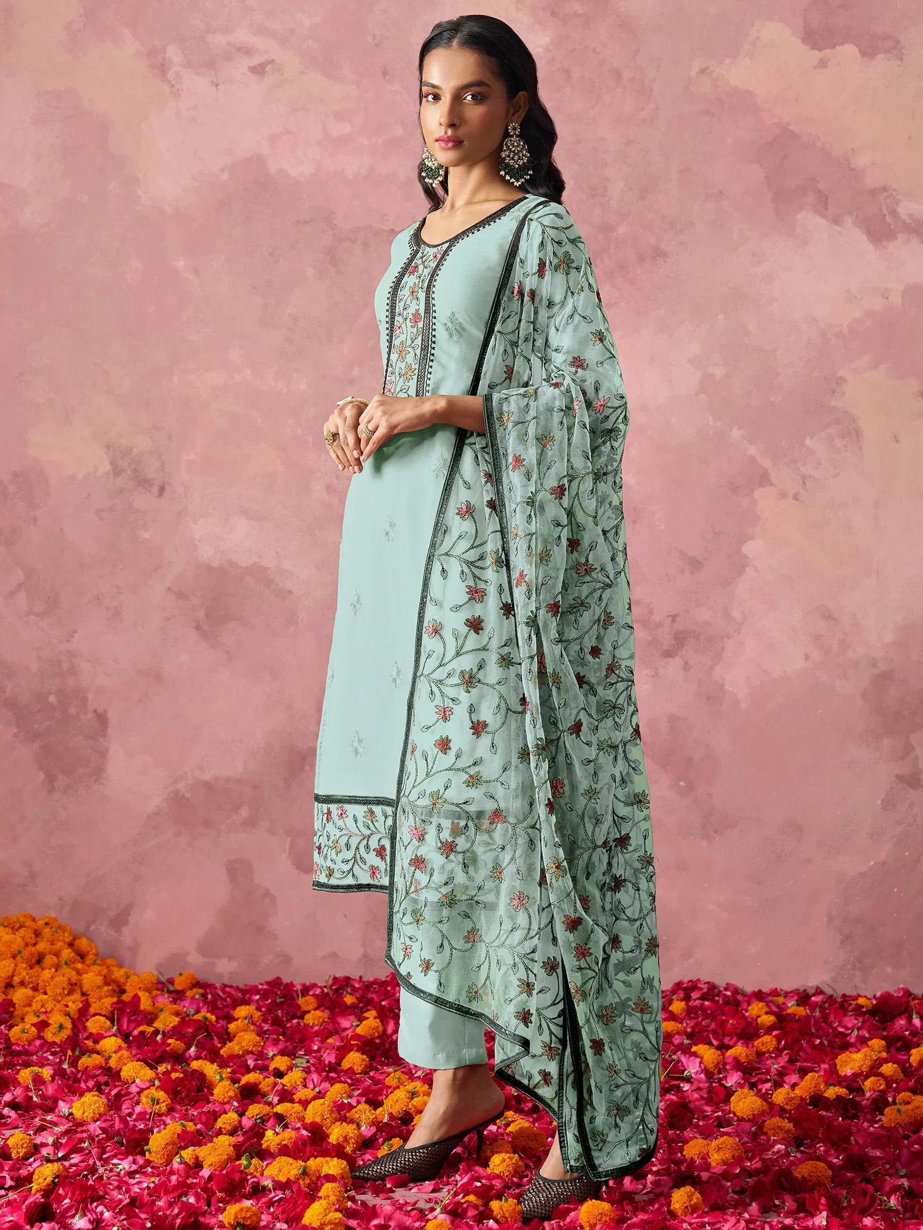Stunning Sky Blue Thread Embroidered Georgette Straight Suit