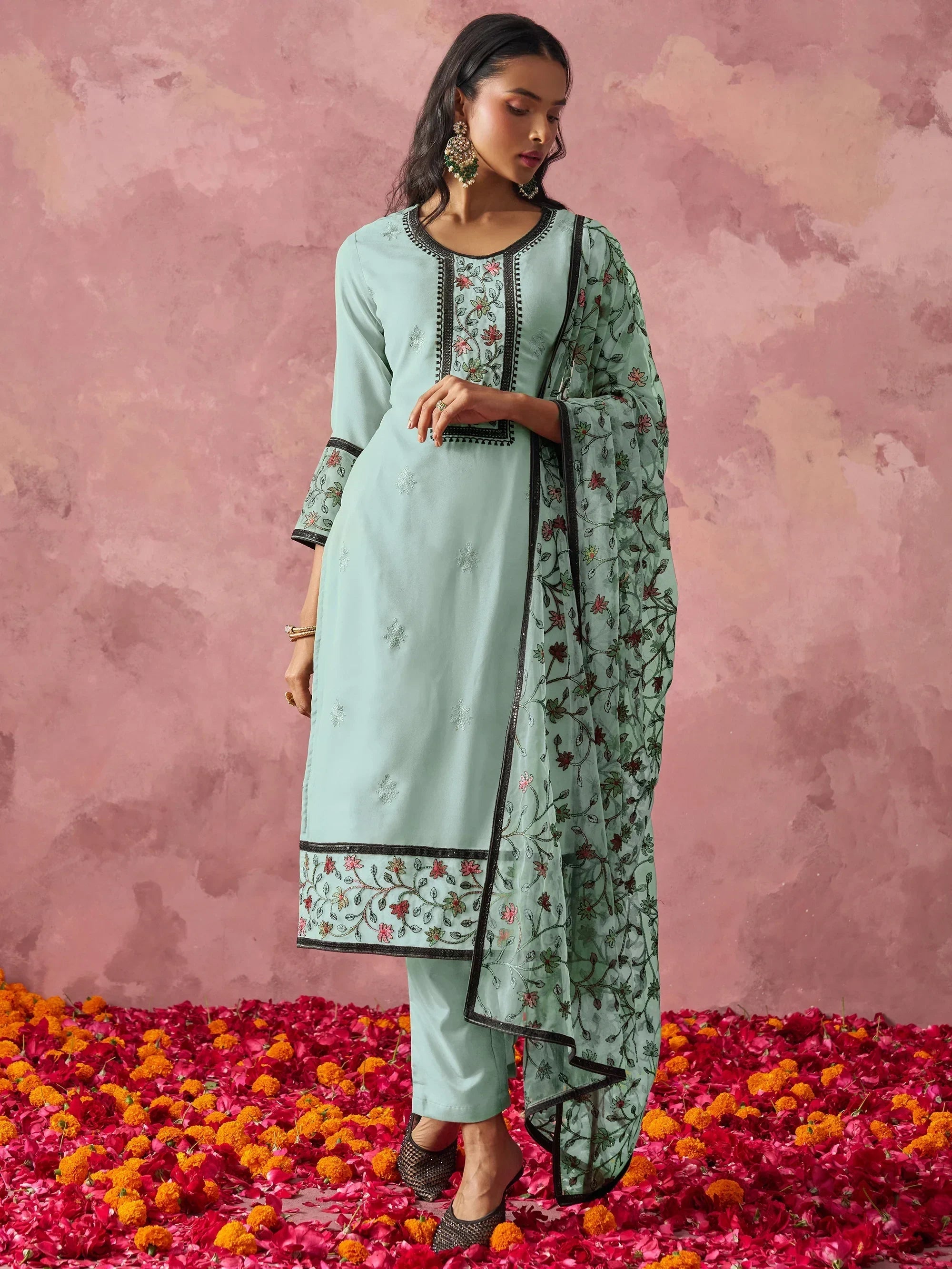 Stunning Sky Blue Thread Embroidered Georgette Straight Suit