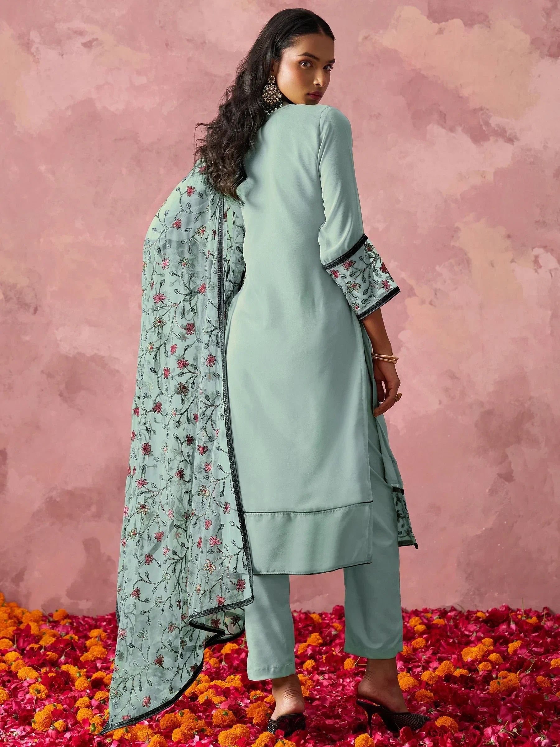 Stunning Sky Blue Thread Embroidered Georgette Straight Suit