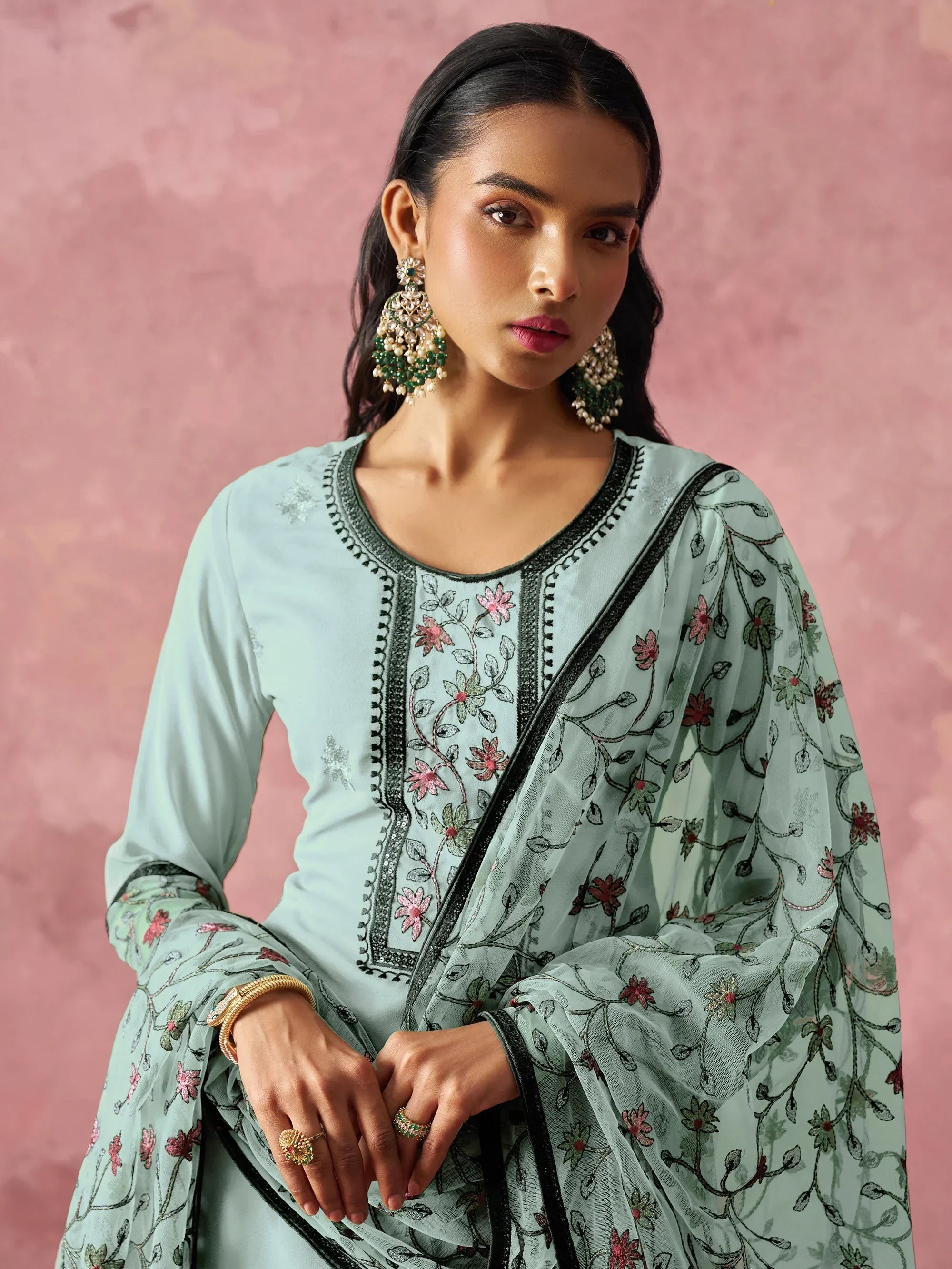 Stunning Sky Blue Thread Embroidered Georgette Straight Suit