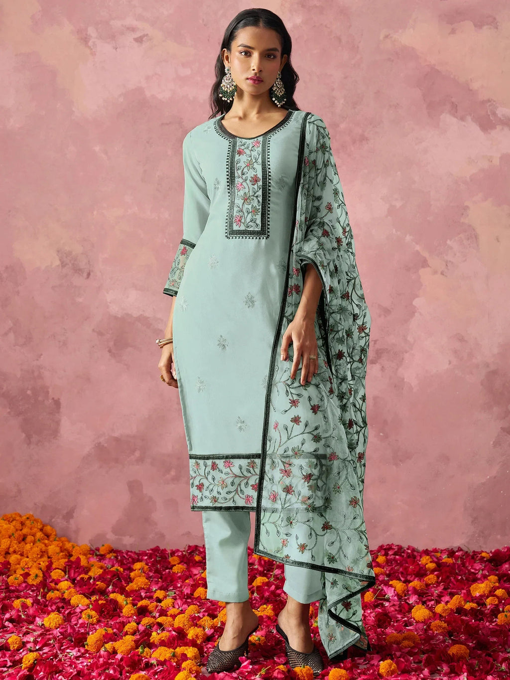 Stunning Sky Blue Thread Embroidered Georgette Straight Suit