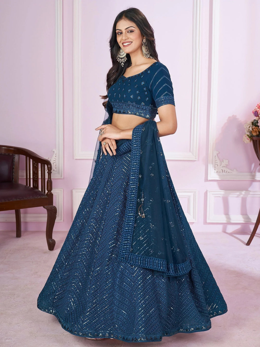 Stunning Teal Blue Sequins Georgette Wedding Wear Lehenga Choli