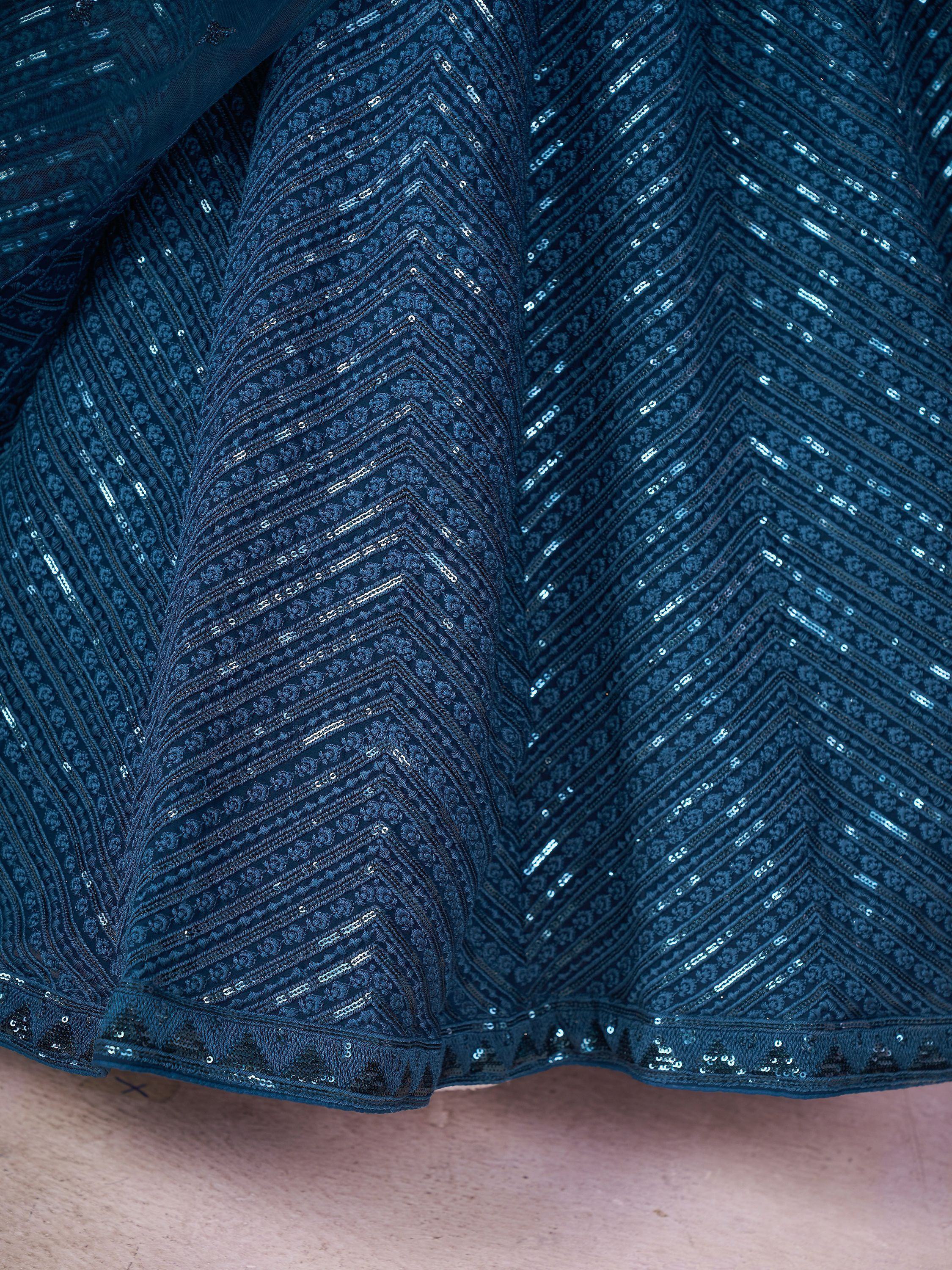 Stunning Teal Blue Sequins Georgette Wedding Wear Lehenga Choli