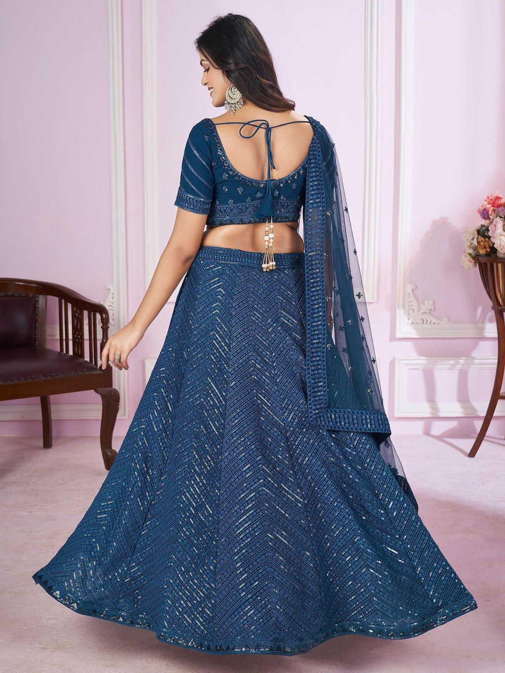 Stunning Teal Blue Sequins Georgette Wedding Wear Lehenga Choli